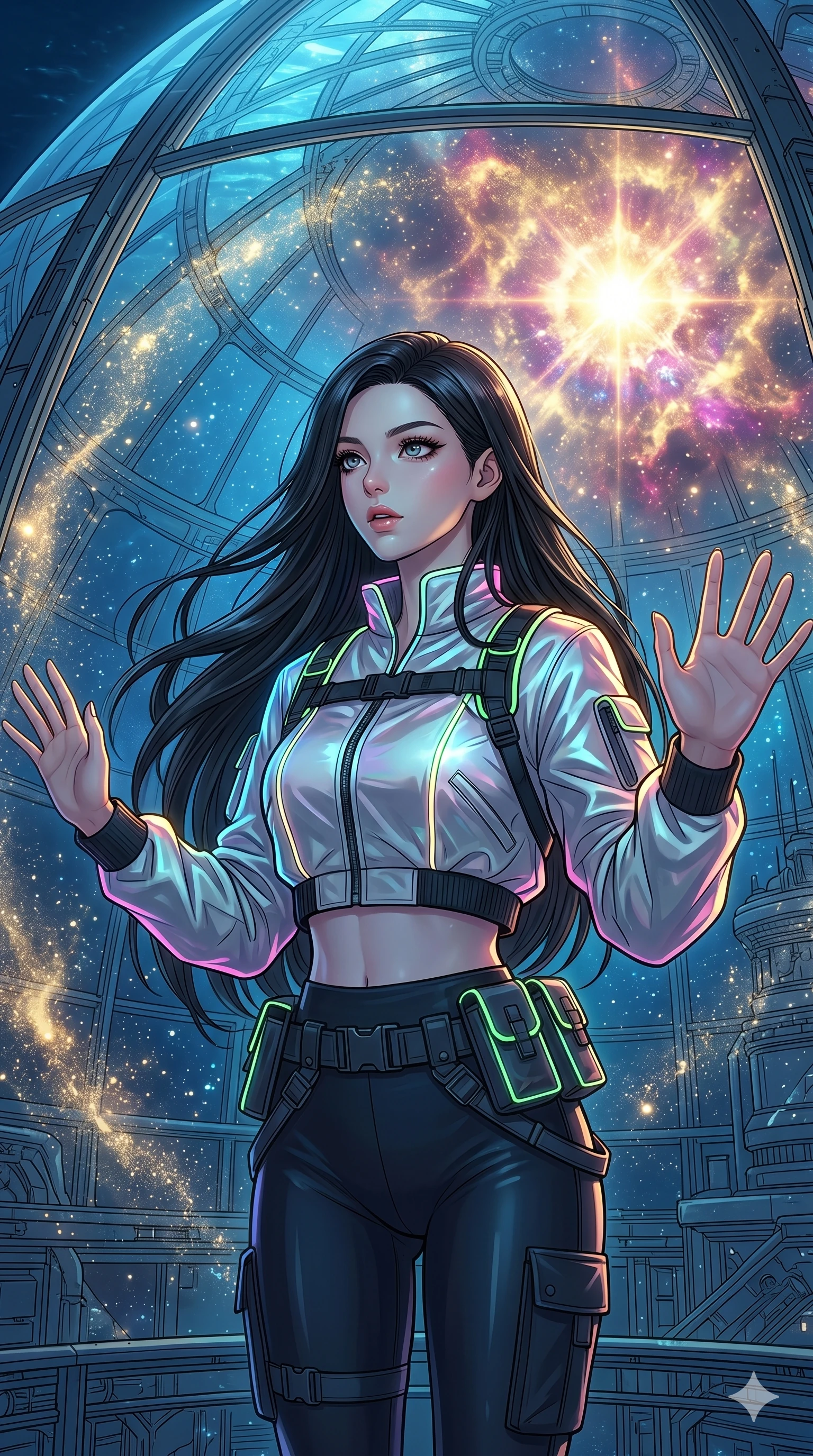 score_9, masterpiece, best quality, ultra-detailed, high-budget anime movie keyframe, cinematic anime lighting, intricate line art, Caucasian (strictly human ears) anime girl. Upper body filling screen focusing on her alluring features and slim-fit silhouette. observing a supernova in a underwater city dome in a mist of stardust. She has an absolutely perfect 8-heads proportion, an exceptionally tall and slender female figure with an ultra-slim waist and impossibly long slender legs. sharp v-shaped jawline, high-bridge nose, intricate jewel-like eyes, thick eyelashes, glossy lips. Wearing modern urban tech-wear ensemble with a cropped reflective bomber jacket, ultra-slim high-waisted cargo leggings, and tactical harness with neon-lit pouches. The scene is illuminated by dramatic atmospheric lighting and vibrant color palettes. 2k, ultra detail, master piece, 9:16 ratio