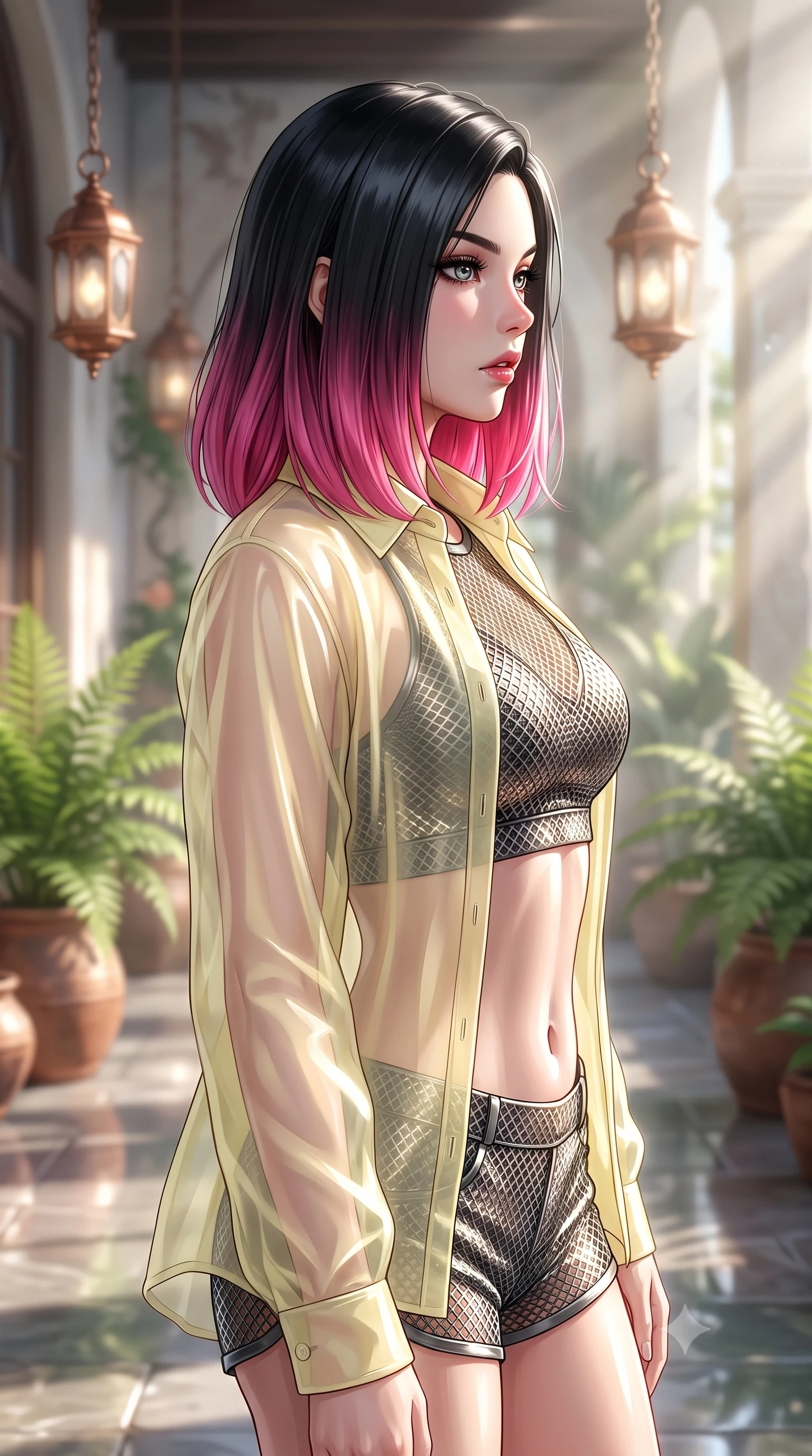 score_9, masterpiece, best quality, ultra-detailed, high-budget anime keyframe, editorial fashion photography, tasteful artistic composition, Korean woman. close-up cowboy shot from the waist and thighs up, the character dominates the composition, filling the frame with her large presence, background elements kept in soft focus. turning her face in profile to look over her shoulder, casting a smoldering side gaze with lips slightly parted, the background shows a soft-focus a fossil sanctuary veranda decorated with potted ferns and copper lanterns. She has an exceptionally elegant, slender, and willowy female figure with an ultra-slim waist, a gracefully sculpted slender torso, and a refined silhouette. sharp v-shaped jawline, high-bridge nose, intricate jewel-like eyes with depth, thick eyelashes, glossy lips with a natural sheen. wearing a body-hugging sheer organza combat shirt in pale yellow, worn open over a carbon-mesh crop top and micro-shorts. bright morning sun rays creating sparkling glints on the stone floor. ultra-reflective glossy finish, specular highlights, metallic sheen, high-contrast stereoscopic depth, volumetric dynamic lighting, 2k, ultra detail, master piece, 9:16 ratio