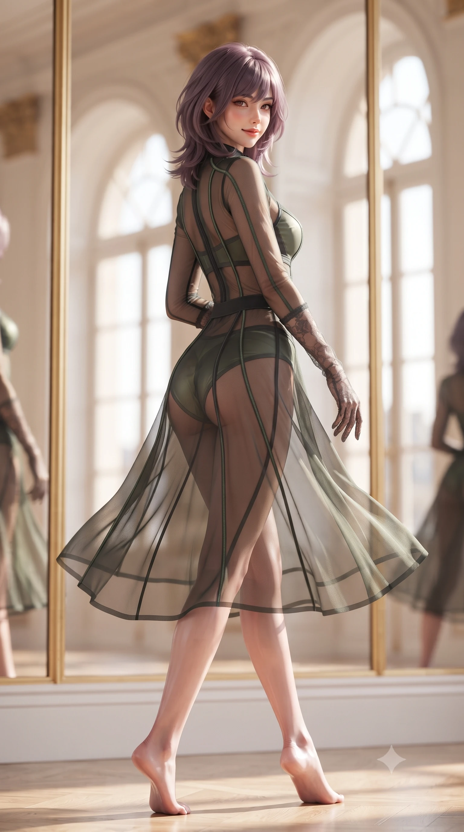 score_9, masterpiece, best quality, ultra-detailed, high-budget anime keyframe, editorial fashion photography, tasteful artistic composition, Japanese woman. low angle full-body shot from head to toe showing her feet, filling the entire 9:16 vertical frame with her statuesque presence, stretching her vertical silhouette. executing a slow, graceful pivot turn as her skirt sways around her slender legs, glancing back with an enchanting, teasing sensual expression while twisting her slender torso in an alluring contrapposto stance before the mirror, sunlight tracing her flat midriff, narrow waist, and hips. The background shows a soft-focus endless reflections in gilded floor-to-ceiling mirrors, soaring arched windows, and white molding blurred into cream, peach, and gold bokeh. She has an absolutely perfect, statuesque 8.5-heads proportion, an exceptionally tall and slender model-like female figure with impossibly long slender legs, an ultra-slim waist, a flat toned midriff, narrow delicate ribcage, and beautifully sculpted feminine hips creating a graceful, slim hourglass silhouette without any bulky heaviness. sharp v-shaped jawline, high-bridge nose, sparkling eyes with hypnotic seductive depth, thick curled eyelashes, glossy parted lips with a natural dewy peach sheen, alluring bedroom-eyes with an enchanting coquettish smile, exuding magnetic siren charisma and sophisticated glamour, flawlessly proportioned anatomical accuracy, strict slender model proportions, natural body alignment, perfectly sculpted long slender limbs, ultra-slim waistline, clean dynamic posture without body distortion. wearing a provocative sheer illusion mesh tactical catsuit with reinforced seam tapes over matching satin briefs in stealth night-vision green and carbon charcoal with neon accents, crafted from fluid liquid silk satin that clings smoothly to every curve with a dewy sheen, complemented by sheer opera-length lace evening gloves tracing her slender arms, the second-skin tailored fabric adhering flawlessly to her sculpted flat midriff and slender torso, emphasizing her long leg lines and perfectly proportioned willowy build. bathed in radiant morning sunlight streaming through monumental Parisian arched windows. ultra-reflective glossy finish, specular highlights, rich textural contrasts, high-contrast stereoscopic depth, volumetric dynamic lighting, 2k, ultra detail, master piece, 9:16 ratio