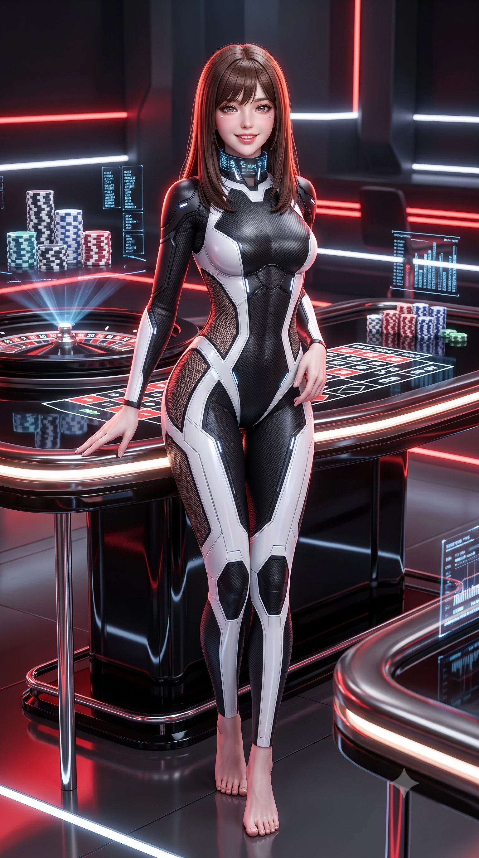 score_9, masterpiece, best quality, ultra-detailed, high-budget anime keyframe, semi-realistic 3D game render, editorial fashion photography, tasteful artistic composition, Korean woman. low angle full-body shot from head to toe showing her feet, filling the entire 9:16 vertical frame with her statuesque presence, stretching her vertical silhouette. standing in a tall, confident posture with one hand on a glowing metal railing, stretching her statuesque body as she arches her lower back to emphasize her sculpted feminine hips and slender waist while leaning over the glossy black hologram roulette table with hips cocked back, arching her spine with dangerous seductive glamour. The surrounding environment is rendered in vivid detail and crisp panoramic clarity: sharp holographic chip stack projections, polished black lacquer table reflections, and red neon tube clarity in deep focus. She has an absolutely perfect, statuesque 8.5-heads proportion, an exceptionally tall and slender model-like female figure with impossibly long slender legs, an ultra-slim waist, a flat toned midriff, narrow delicate ribcage, and beautifully sculpted feminine hips creating a graceful, slim hourglass silhouette without any bulky heaviness. sharp v-shaped jawline, high-bridge nose, intricate jewel-like sparkling eyes with depth, thick eyelashes, glossy parted lips with a natural sheen, bright confident smile with an enchanting and coquettish sensual glint, exuding both youthful magnetic charm and sovereign high-tech allure, flawlessly proportioned anatomical accuracy, strict slender model proportions, natural body alignment, perfectly sculpted long slender limbs, ultra-slim waistline, clean dynamic posture without body distortion. wearing a futuristic cut-out nano-suit with diamond-shaped side-torso mesh insets tracing her slim hourglass curves in dual-tone high-contrast monochrome black and stark white, crafted from lightweight aerodynamic matte carbon-fiber weave with structural stiffness, complemented by a high-tech holographic choker projecting miniature glyphs, the form-fitting tactical tailoring adhering flawlessly to her sculpted flat midriff and slender torso, emphasizing her long leg lines and perfectly proportioned willowy build. illuminated by glowing table surfaces and sharp scarlet rim lights carving her sculpted collarbones, ultra-slim waist, and curvy hips. highly saturated vibrant anime colors, detailed shading with soft gradients, rich glossy textures, high-contrast stereoscopic depth, volumetric dynamic lighting, master piece, 9:16 ratio