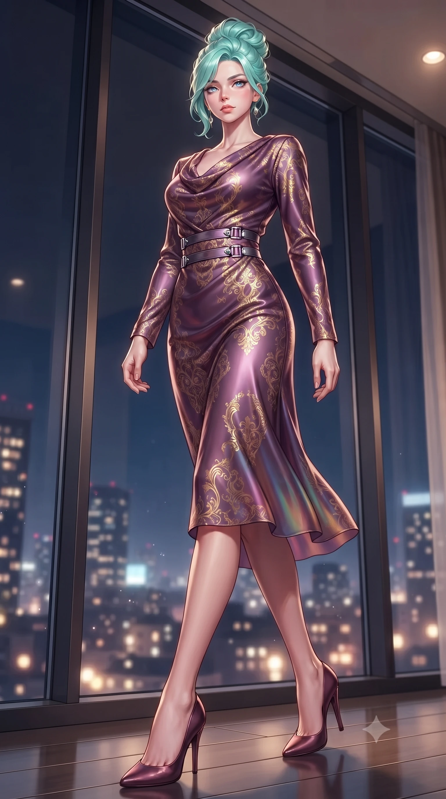 score_9, masterpiece, best quality, ultra-detailed, high-budget anime keyframe, editorial fashion photography, tasteful artistic composition, Japanese woman. low angle full-body shot from head to toe showing her feet, filling the entire 9:16 vertical frame with her statuesque presence, stretching her vertical silhouette. stepping forward with proud posture, filling the vertical frame with her magnetic presence leaning against a floor-to-ceiling panoramic glass window at midnight, glistening city skyline lights twinkling softly through the massive window. She has an absolutely perfect, statuesque 8.5-heads proportion, an exceptionally tall and slender model-like female figure with impossibly long slender legs and an ultra-slim waist. sharp v-shaped jawline, high-bridge nose, intricate jewel-like eyes with depth, thick eyelashes, glossy lips with a natural sheen. wearing an elegant cowl-neck satin midi dress with a draped neckline in plum purple and gold filigree, crafted from iridescent chiffon that shifts colors in the light, detailed with polished silver buckles along the waistline, the sleek second-skin texture accentuating her magnetic presence. bathed in warm luxury ambient lighting and soft silver moonlight accents. highly saturated vibrant anime colors, detailed shading with soft gradients, rich glossy textures, high-contrast stereoscopic depth, volumetric dynamic lighting, master piece, 9:16 ratio
