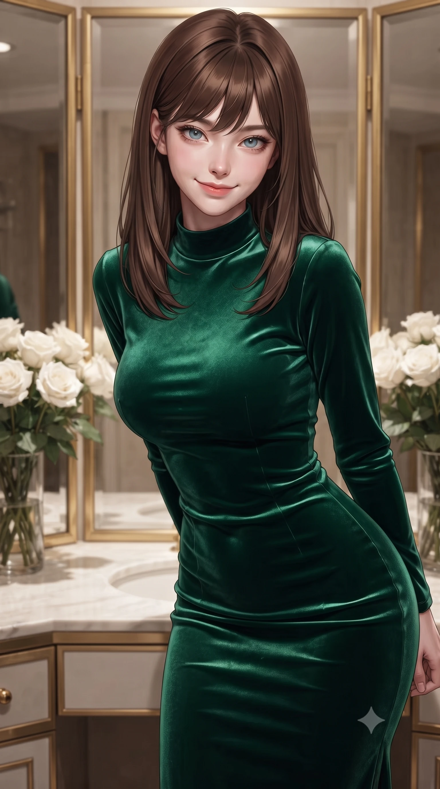 score_9, masterpiece, best quality, ultra-detailed, high-budget anime keyframe, editorial fashion photography, tasteful artistic composition, Korean woman woman. close-up cowboy shot from the waist and thighs up, the character dominates the composition, filling the frame with her large presence, background elements kept in soft focus. leaning slightly forward with a playful, teasing smile, her gaze locked onto the viewer the background shows a soft-focus a corner of a luxury hotel suite with gold-trimmed mirrors and white roses. She has an exceptionally elegant, slender, and willowy female figure with an ultra-slim waist, a gracefully sculpted slender torso, and a refined silhouette. sharp v-shaped jawline, high-bridge nose, intricate jewel-like eyes with depth, thick eyelashes, glossy lips with a natural sheen. wearing a body-hugging body-hugging emerald green velvet dress with a simple mock-neck collar. soft spotlighting highlighting the silk textures of her gown. ultra-reflective glossy finish, specular highlights, metallic sheen, high-contrast stereoscopic depth, volumetric dynamic lighting, 2k, ultra detail, master piece, 9:16 ratio