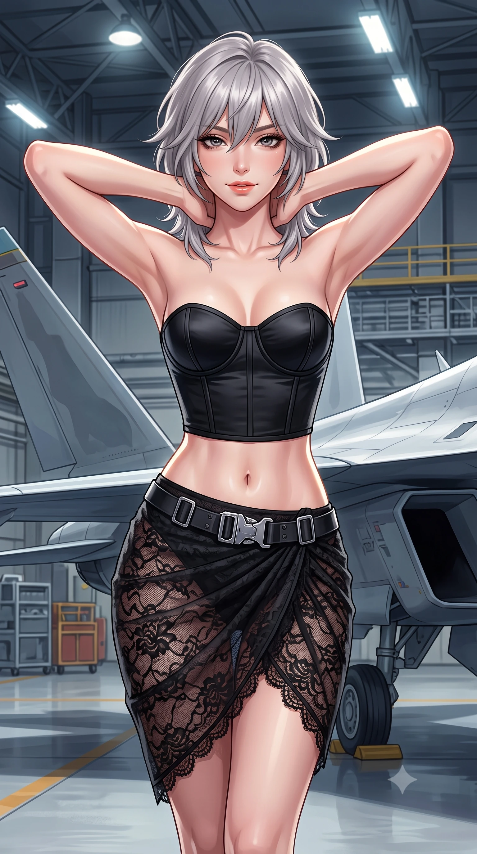 score_9, masterpiece, best quality, ultra-detailed, high-budget anime keyframe, semi-realistic 3D game render, editorial fashion photography, tasteful artistic composition, Japanese woman. close-up cowboy shot from the waist and thighs up, the character dominates the composition, filling the frame with her large presence. resting both hands lightly behind her neck with elbows raised, arching her spine to highlight her narrow waist, flat midriff, and breathtaking collarbones while twisting her slender torso in an alluring S-curve, high-bay mercury vapor lamps tracing her narrow waist, flat midriff, and curvy hips. The surrounding environment is rendered in vivid detail and crisp panoramic clarity: detailed high-cut tactical bodysuit tailoring, chrome buckle shine, and aerospace hangar engineering in high resolution. She has an exceptionally elegant, slender, and willowy female figure with an ultra-slim waist, flat toned midriff, narrow ribcage, and sculpted feminine hips creating an alluring, slim hourglass silhouette without bulk. sharp v-shaped jawline, high-bridge nose, sparkling eyes with hypnotic seductive depth, thick curled eyelashes, glossy parted lips with a natural dewy peach sheen, alluring bedroom-eyes with an enchanting coquettish smile, exuding magnetic siren charisma and sophisticated glamour, flawlessly proportioned anatomical accuracy, strict slender model proportions, natural body alignment, perfectly sculpted long slender limbs, ultra-slim waistline, clean dynamic posture without body distortion. wearing a strapless boned satin corset bodice paired with a draped tulip ballet wrap skirt framing her hourglass curves in high-contrast monochrome black and optic white, made of delicate semi-sheer French Chantilly lace with intricate eyelash edges, accented with a quick-release tactical chrome buckle harness resting snugly across her hips, the form-contouring silhouette accentuating her sculpted flat midriff, narrow delicate ribcage, and gracefully curvy hips with intoxicating allure. illuminated by composite wing surface bounce and sharp white-gold rim lights defining her collarbones, narrow waist, and curvy hips. highly saturated vibrant anime colors, detailed shading with soft gradients, rich glossy textures, high-contrast stereoscopic depth, volumetric dynamic lighting, master piece, 9:16 ratio