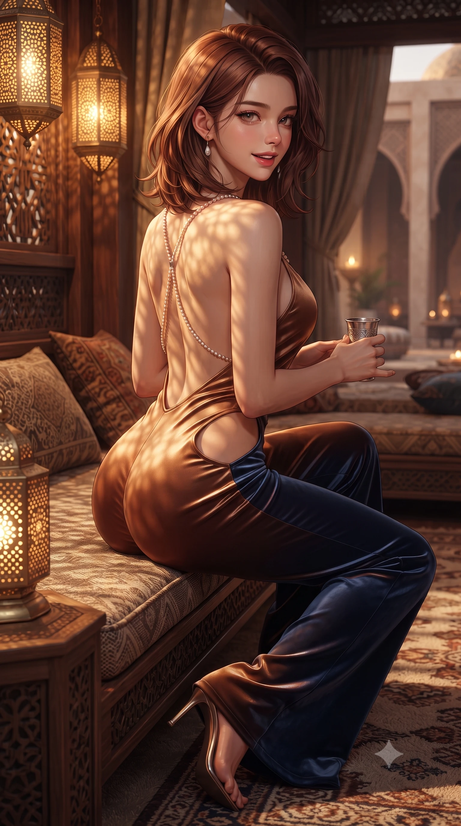 score_9, masterpiece, best quality, ultra-detailed, high-budget anime keyframe, editorial fashion photography, tasteful artistic composition, Korean woman. close-up cowboy shot from the waist and thighs up, the character dominates the composition, filling the frame with her large presence. posing in an alluring rear three-quarter angle, looking over a bare shoulder with parted glossy lips, her hips cocked back to highlight her slim hourglass curve while sitting perched on the edge of the sunken carpeted lounge with legs extended, holding a silver mint tea glass with a captivating seductive smile. The surrounding environment is rendered in vivid detail and crisp panoramic clarity: detailed backless plunge-front silk jumpsuit tailoring, gold body chain shine, and bespoke cabana woodwork in high resolution. She has an exceptionally elegant, slender, and willowy female figure with an ultra-slim waist, flat toned midriff, narrow ribcage, and sculpted feminine hips creating an alluring, slim hourglass silhouette without bulk. sharp v-shaped jawline, high-bridge nose, sparkling eyes with hypnotic seductive depth, thick curled eyelashes, glossy parted lips with a natural dewy peach sheen, alluring bedroom-eyes with an enchanting coquettish smile, exuding magnetic siren charisma and sophisticated glamour, flawlessly proportioned anatomical accuracy, strict slender model proportions, natural body alignment, perfectly sculpted long slender limbs, ultra-slim waistline, clean dynamic posture without body distortion. wearing a backless plunge-front silk satin jumpsuit with fluid wide-leg silhouette and side hip cutouts in molten liquid bronze and deep sapphire navy, tailored from ultra-plush velvet with rich tactile depth and deep shadow gradients, accented with a pearl-drop body harness subtly framing her dewy collarbones and spine, the precision-cut side openings and low-back scoop framing her graceful spine and the sensual sweep of her slim, toned hips. bathed in warm 2200K amber glow filtering through perforated brass lanterns creating intricate geometric shadow patterns. ultra-reflective glossy finish, specular highlights, rich textural contrasts, high-contrast stereoscopic depth, volumetric dynamic lighting, 2k, ultra detail, master piece, 9:16 ratio