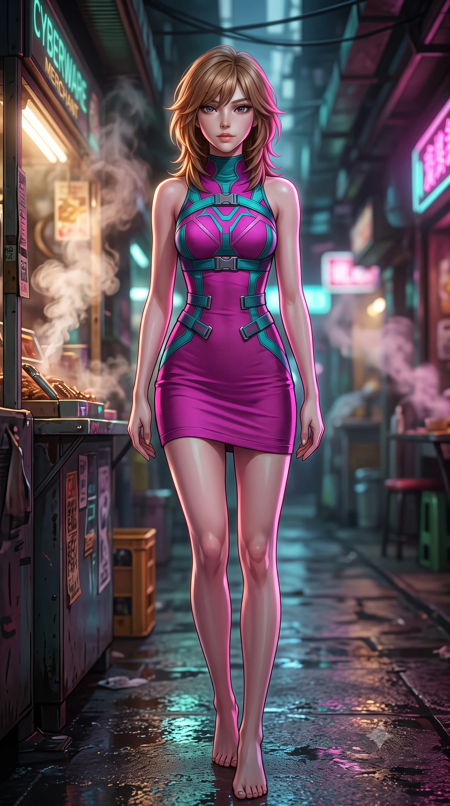 score_9, masterpiece, best quality, ultra-detailed, high-budget anime keyframe, semi-realistic 3D game render, editorial fashion photography, tasteful artistic composition, Korean woman. low angle full-body shot from head to toe showing her feet, filling the entire 9:16 vertical frame with her statuesque presence, stretching her vertical silhouette. walking along the terrace with poise, looking back over her bare shoulder with an irresistible smoldering bedroom-gaze while leaning against the illuminated cyberware merchant stall with hips cocked back, looking through rising steam plumes with dangerous bedroom-eyes. The background shows a soft-focus swirling aromatic food steam softened in subterranean market alley shallow focus. She has an exceptionally tall and slender model-like 8.5-heads proportion, an ultra-slim waist, a flat toned midriff, narrow delicate ribcage, and beautifully sculpted feminine hips creating a graceful, slim hourglass silhouette without any bulky heaviness, with impossibly long slender legs. sharp v-shaped jawline, high-bridge nose, intricate jewel-like sparkling eyes with depth, thick eyelashes, glossy parted lips with a natural peach sheen, bright cheerful beaming smile with an enchanting and coquettish sensual glint, exuding both youthful cute charm and seductive allure, flawlessly proportioned anatomical accuracy, strict slender model proportions, natural body alignment, perfectly sculpted long slender limbs, ultra-slim waistline, clean dynamic posture without body distortion. wearing a dense bandage-knit tactical officer dress with subtle geometric chest accents contouring her delicate ribcage and feminine hips in Kowloon neon magenta and electric teal, made of fluid liquid jersey with seamless sculpting hold and smooth contours, finished with sleek magnetic buckle closures fluttering in the breeze, the second-skin tailored fabric adhering flawlessly to her sculpted flat midriff and slender torso, emphasizing her long leg lines and perfectly proportioned willowy build. illuminated by puddle reflection bounce and sharp neon-pink rim lights sculpting her jawline, narrow waist, and curvy hips. highly saturated vibrant anime colors, detailed shading with soft gradients, rich glossy textures, high-contrast stereoscopic depth, volumetric dynamic lighting, master piece, 9:16 ratio