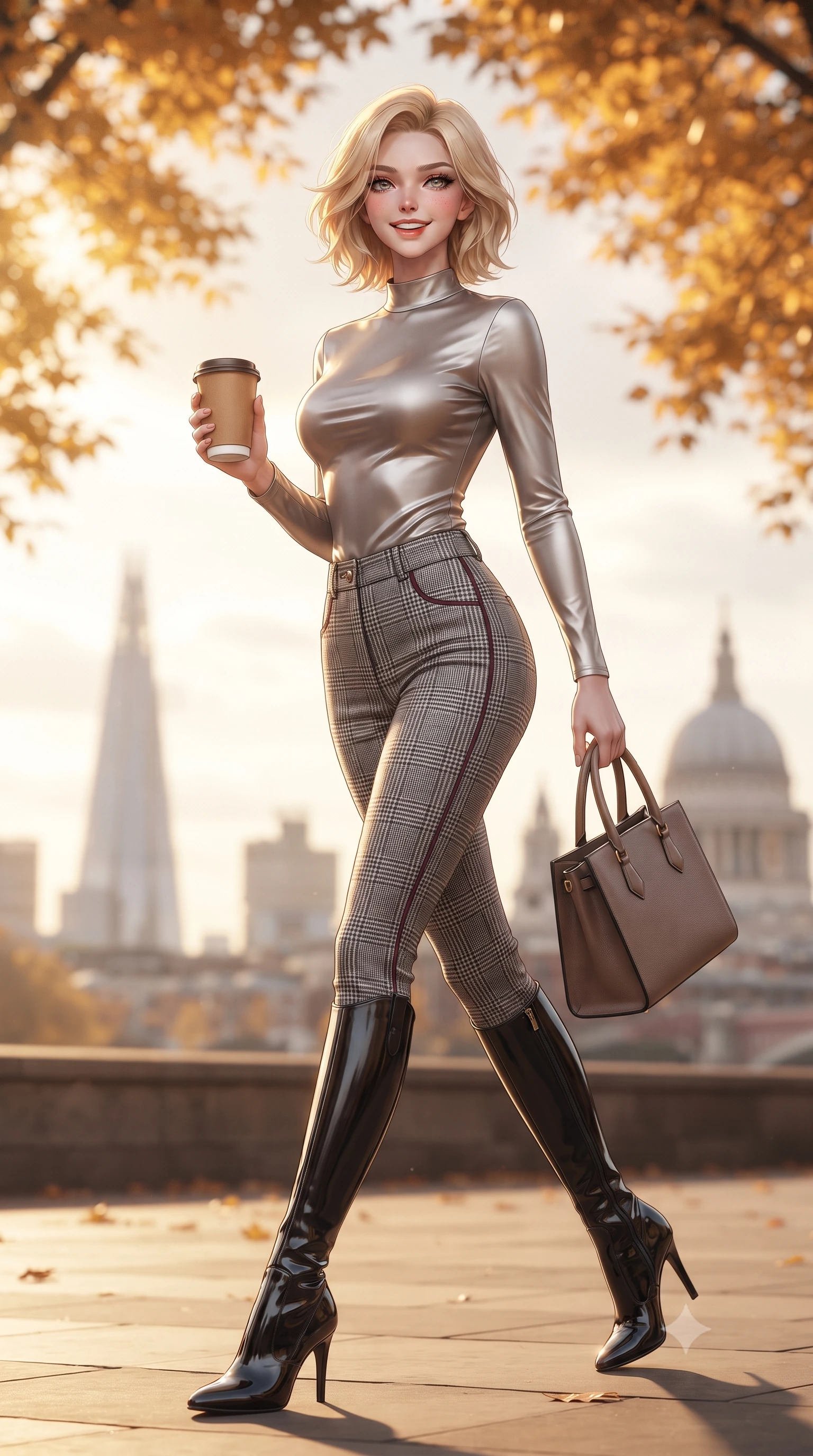 score_9, masterpiece, best quality, ultra-detailed, high-budget anime keyframe, editorial fashion photography, tasteful artistic composition, Caucasian woman. low angle full-body shot from head to toe showing her feet, filling the entire 9:16 vertical frame with her statuesque presence, stretching her vertical silhouette. stepping forward in a confident stride, her long slender legs and curvaceous hips creating a dynamic, sweeping vertical line while walking forward with brisk supermodel poise, holding a warm paper coffee cup and leather tote bag with vibrant modern grace. The background shows a soft-focus distant London skyline spires softened in quintessential British autumn shallow focus. She has an exceptionally tall and slender model-like 8.5-heads proportion, an ultra-slim waist, a flat toned midriff, narrow delicate ribcage, and beautifully sculpted feminine hips creating a graceful, slim hourglass silhouette without any bulky heaviness, with impossibly long slender legs. sharp v-shaped jawline, high-bridge nose, intricate jewel-like sparkling eyes with depth, thick eyelashes, glossy parted lips with a natural peach sheen, bright cheerful beaming smile with an enchanting and coquettish sensual glint, exuding both youthful cute charm and seductive allure, flawlessly proportioned anatomical accuracy, strict slender model proportions, natural body alignment, perfectly sculpted long slender limbs, ultra-slim waistline, clean dynamic posture without body distortion. wearing a form-fitting equestrian stretch bodysuit paired with snug tailored riding breeches and polished knee-high leather boots in classic glen plaid monochrome with subtle wine red accent, crafted from lustrous liquid satin crepe that drapes in body-clinging ripples catching ambient lights, complemented by sleek patent leather stiletto ankle boots accentuating her long slender calves, the form-contouring silhouette accentuating her sculpted flat midriff, narrow delicate ribcage, and gracefully curvy hips with intoxicating allure. bathed in crisp low-angle late-afternoon autumn sunlight filtering through a shimmering golden leaf canopy. ultra-reflective glossy finish, specular highlights, rich textural contrasts, high-contrast stereoscopic depth, volumetric dynamic lighting, 2k, ultra detail, master piece, 9:16 ratio