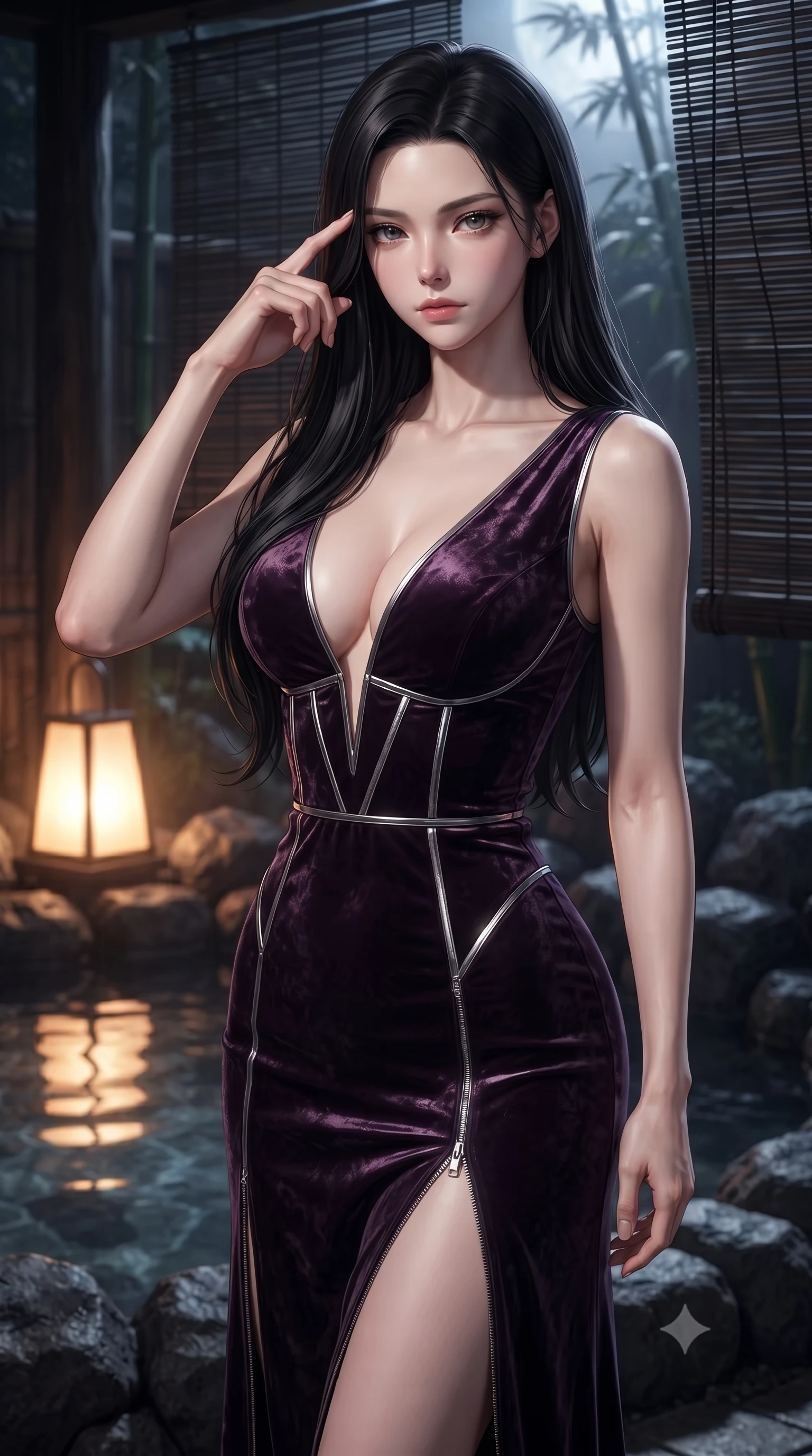 score_9, masterpiece, best quality, ultra-detailed, high-budget anime keyframe, editorial fashion photography, tasteful artistic composition, Korean woman. close-up cowboy shot from the waist and thighs up, the character dominates the composition, filling the frame with her large presence, background elements kept in soft focus. Pressing two fingers to her temple in a composed, sharp thoughtful gesture, standing beside a private outdoor thermal onsen surrounded by volcanic basalt rocks, dark bamboo screen filtering soft silver moonlight into delicate shadow stripes. She has an exceptionally elegant, slender, and willowy female figure with an ultra-slim waist, a gracefully sculpted slender torso, and a refined silhouette. sharp v-shaped jawline, high-bridge nose, intricate jewel-like eyes with depth, thick eyelashes, glossy lips with a natural sheen. wearing deep plunging V-neckline midnight gown with daring high thigh slit in dark plum violet, made of crushed dark silk velvet, finished with metallic silver boning and sleek zipper points, the fitted fabric emphasizing her ultra-slim waist. illuminated by warm amber lantern glow and cold silver moonlight contrast. ultra-reflective glossy finish, specular highlights, metallic sheen, high-contrast stereoscopic depth, volumetric dynamic lighting, 2k, ultra detail, master piece, 9:16 ratio