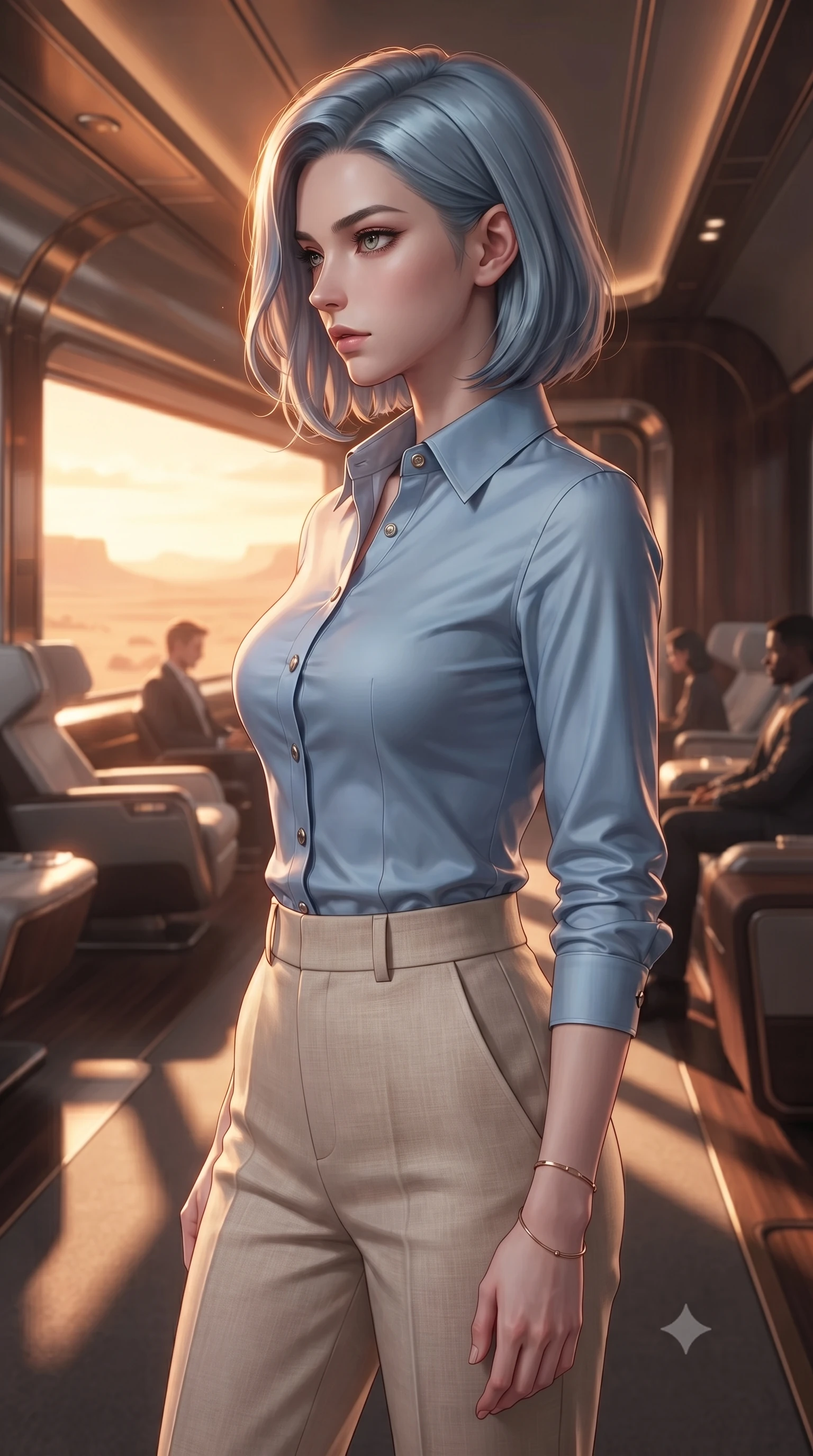 score_9, masterpiece, best quality, ultra-detailed, high-budget anime keyframe, editorial fashion photography, tasteful artistic composition, Korean woman. close-up cowboy shot from the waist and thighs up, the character dominates the composition, filling the frame with her large presence, background elements kept in soft focus. turning her face in sharp profile, casting a cold, mysterious, yet intensely alluring side gaze, the background shows a soft-focus the VIP lounge of a futuristic trans-continental train crossing a desert valley. She has an exceptionally elegant, slender, and willowy female figure with an ultra-slim waist, a gracefully sculpted slender torso, and a refined silhouette. sharp v-shaped jawline, high-bridge nose, intricate jewel-like eyes with depth, thick eyelashes, glossy lips with a natural sheen. wearing a form-contouring tailored sky blue button-down shirt tucked into high-waisted beige linen trousers. the dramatic orange glow of a desert sunset casting long shadows across the cabin. ultra-reflective glossy finish, specular highlights, metallic sheen, high-contrast stereoscopic depth, volumetric dynamic lighting, 2k, ultra detail, master piece, 9:16 ratio