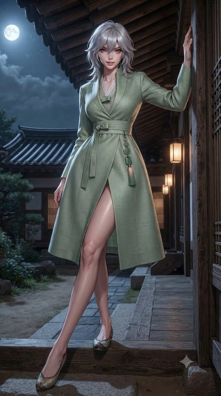 score_9, masterpiece, best quality, ultra-detailed, high-budget anime keyframe, editorial fashion photography, tasteful artistic composition, Japanese woman. low angle full-body shot from head to toe showing her feet, filling the entire 9:16 vertical frame with her statuesque presence, stretching her vertical silhouette. standing tall beside the architectural column, one hand resting high while arching her lower back to emphasize her sculpted feminine hips and slender waist while stepping gracefully over the raised wooden threshold, her long slender legs and curvy hourglass hips commanding the frame. The surrounding environment is rendered in vivid detail and crisp panoramic clarity: detailed deep V-neck sheer hanbok blouse tailoring, silk bandeau, and historic architectural framing in razor-sharp clarity. She has an absolutely perfect, statuesque 8.5-heads proportion, an exceptionally tall and slender model-like female figure with impossibly long slender legs, an ultra-slim waist, a flat toned midriff, narrow delicate ribcage, and beautifully sculpted feminine hips creating a graceful, slim hourglass silhouette without any bulky heaviness. sharp v-shaped jawline, high-bridge nose, sparkling eyes with hypnotic seductive depth, thick curled eyelashes, glossy parted lips with a natural dewy peach sheen, alluring bedroom-eyes with an enchanting coquettish smile, exuding magnetic siren charisma and sophisticated glamour, flawlessly proportioned anatomical accuracy, strict slender model proportions, natural body alignment, perfectly sculpted long slender limbs, ultra-slim waistline, clean dynamic posture without body distortion. wearing a bespoke high-neck modernized hanbok coat dress with an architectural collar and silk norigae knot tie in soft lotus rose and morning dew sage green, woven from bespoke Korean ramie fabric with crisp tactile slub texture, finished with authentic carved jade pendants and traditional norigae knots, the impeccably tailored cut draping gracefully along her slender figure with aristocratic eastern poise. bathed in dual lighting: cool silver moonlight from the exterior garden contrasting with warm 2700K lantern glow from within. ultra-reflective glossy finish, specular highlights, rich textural contrasts, high-contrast stereoscopic depth, volumetric dynamic lighting, 2k, ultra detail, master piece, 9:16 ratio