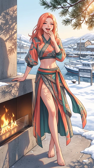 score_9, masterpiece, best quality, ultra-detailed, high-budget anime keyframe, vibrant anime aesthetic, Japanese woman. cowboy shot from the thighs up, character and outfit filling the frame for maximum presence. She is posing with a delightful laug