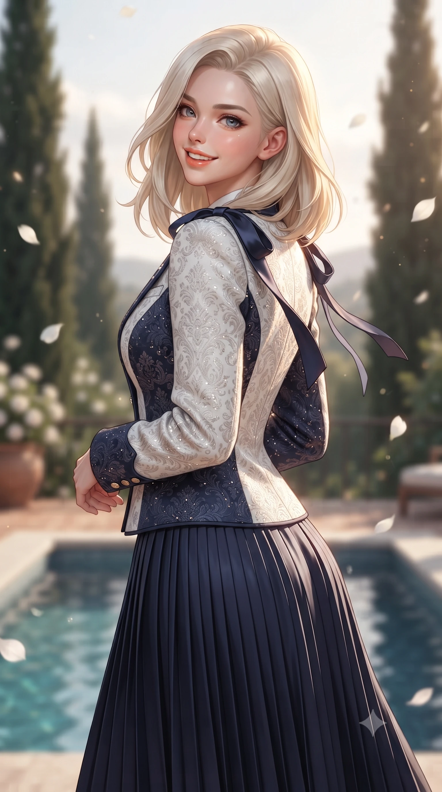 score_9, masterpiece, best quality, ultra-detailed, high-budget anime keyframe, editorial fashion photography, tasteful artistic composition, Caucasian woman. close-up cowboy shot from the waist and thighs up, the character dominates the composition, filling the frame with her large presence. posing in an alluring rear three-quarter angle, looking over a bare shoulder with parted glossy lips, her hips cocked back to highlight her slim hourglass curve while twisting her slender torso in an alluring contrapposto stance beside the private plunge pool, cypress tree shadows tracing her narrow waist and hips. The background shows a soft-focus swaying cypress silhouettes and white jasmine petals softened in romantic Andalusian hilltop shallow focus. She has an exceptionally elegant, slender, and willowy female figure with an ultra-slim waist, flat toned midriff, narrow ribcage, and sculpted feminine hips creating an alluring, slim hourglass silhouette without bulk. sharp v-shaped jawline, high-bridge nose, intricate jewel-like sparkling eyes with depth, thick eyelashes, glossy parted lips with a natural peach sheen, bright cheerful beaming smile with an enchanting and coquettish sensual glint, exuding both youthful cute charm and seductive allure, flawlessly proportioned anatomical accuracy, strict slender model proportions, natural body alignment, perfectly sculpted long slender limbs, ultra-slim waistline, clean dynamic posture without body distortion. wearing a structured Seville damask brocade riding jacket paired with an A-line accordion pleated midi skirt in Mount Fuji snow-peak white and midnight indigo silk, woven from structured British tweed with subtle metallic flecks, finished with satin ribbon ties at the shoulders fluttering in the gentle breeze, the bespoke structured tailoring following the natural line of her 8.5-heads silhouette with refined elegance. illuminated by terrace ground bounce and sharp warm-gold rim lights sculpting her jawline, narrow waist, and curvy hips. ultra-reflective glossy finish, specular highlights, rich textural contrasts, high-contrast stereoscopic depth, volumetric dynamic lighting, 2k, ultra detail, master piece, 9:16 ratio