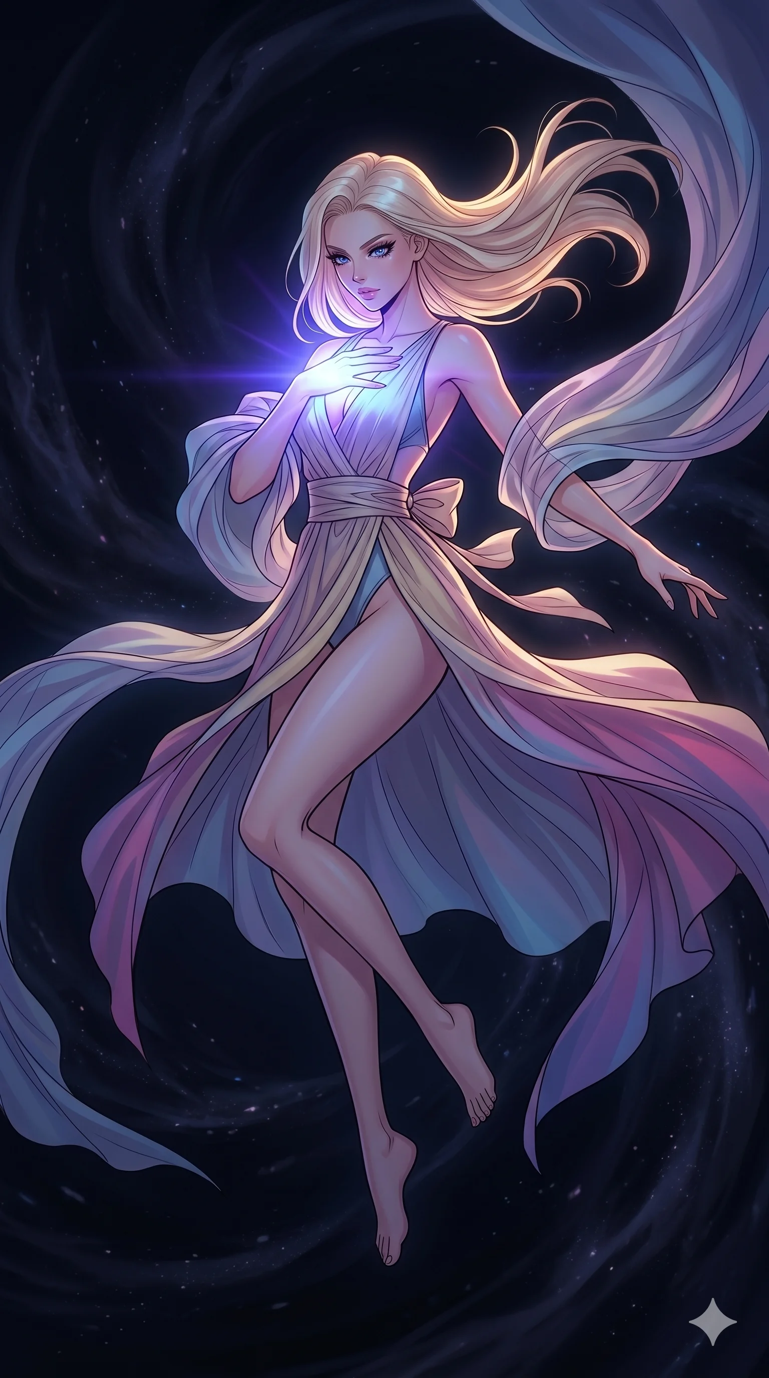 score_9, masterpiece, best quality, ultra-detailed, high-budget anime movie keyframe, cinematic anime lighting, intricate line art, Japanese woman. Mid-air action shot capturing a graceful twist and vertical silhouette. shielding her heart with a glowing hand in a dark void. She has an absolutely perfect 8-heads proportion, an exceptionally tall and slender female figure with an ultra-slim waist and impossibly long slender legs. strictly human anatomy, two legs only, no extra limbs, clearly defined legs and arms, perfect anatomy, perfect hands and fingers. sharp v-shaped jawline, high-bridge nose, intricate jewel-like eyes, thick eyelashes, glossy lips. Wearing Seasonal/Resort: High-cut one-piece with sarong, linen sundress with tie-back, and sheer fabric wrap. The scene is illuminated by dramatic atmospheric lighting and vibrant color palettes. , 2k, ultra detail, master piece, 9:16 ratio