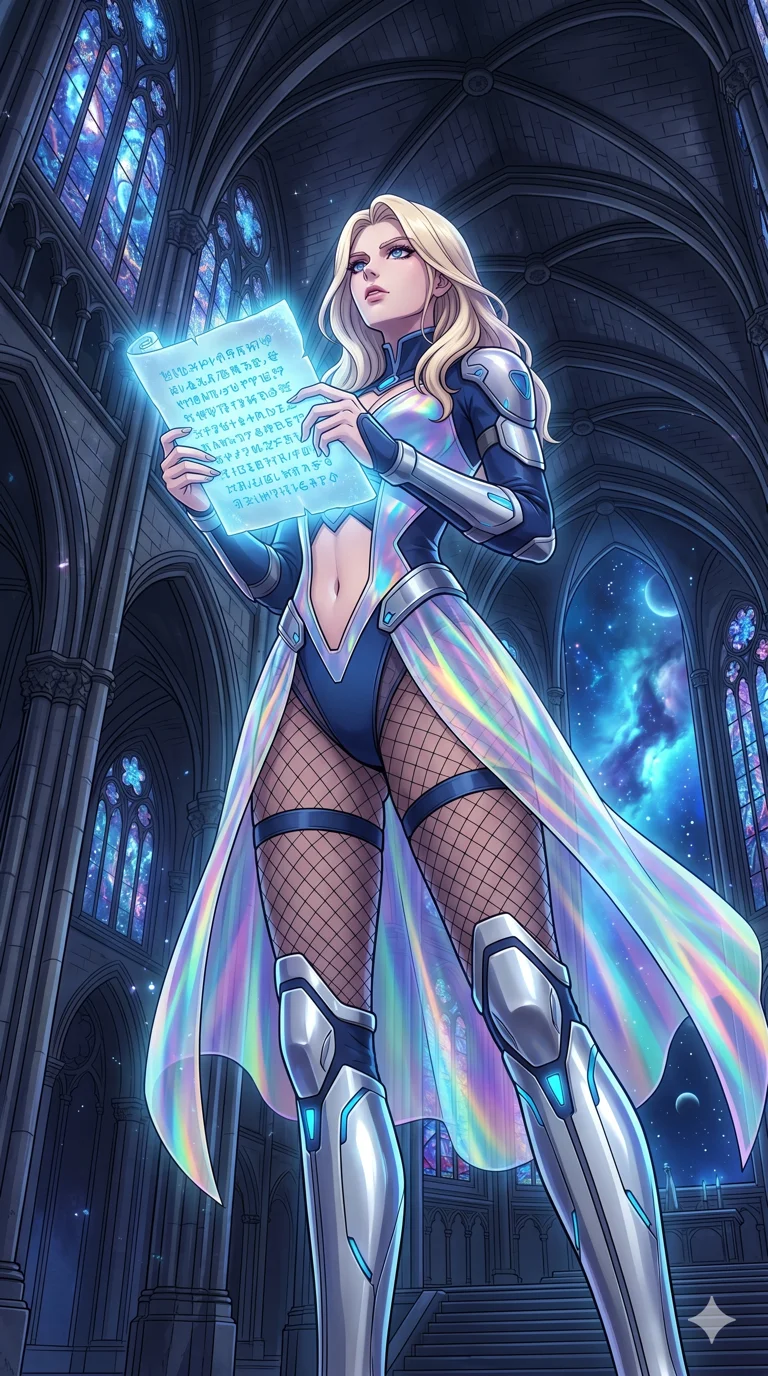 score_9, masterpiece, best quality, ultra-detailed, High-budget Anime Keyframe, vibrant colors, fluid line-art, expressive lighting, cinematic composition, Ufotable-style visual effects, top-tier animation quality, Caucasian woman with pale skin, blonde hair, and (strictly human ears). Low angle cowboy shot filling the entire 9:16 frame with her statuesque presence, looking up to emphasize her height. Reading a forbidden ancient scroll that emits a soft blue light, revealing secrets of a long-lost civilization. She has an absolutely perfect 8-heads proportion, an exceptionally tall and slender female figure with impossibly long slender legs and an ultra-slim waist, her statuesque height and towering silhouette dominating the vertical 9:16 frame. Her face is a masterpiece featuring a sharp v-shaped jawline, high-bridge nose, intricate jewel-like eyes with depth, thick eyelashes, and glossy lips with a natural sheen. She is wearing a Futuristic pilot suit with an exposed midriff and a high-cut structural frame crafted from Holographic chiffon that changes color with every movement, creating a rainbow effect, accompanied by sensual fishnet stockings and thigh-high metallic boots. The scene is set in a majestic gothic cathedral in deep space with massive windows overlooking a swirling nebula, illuminated by flickering starlight and nebula glow providing a mystical and vast ambiance. 2k, ultra detail, master piece, 9:16 ratio