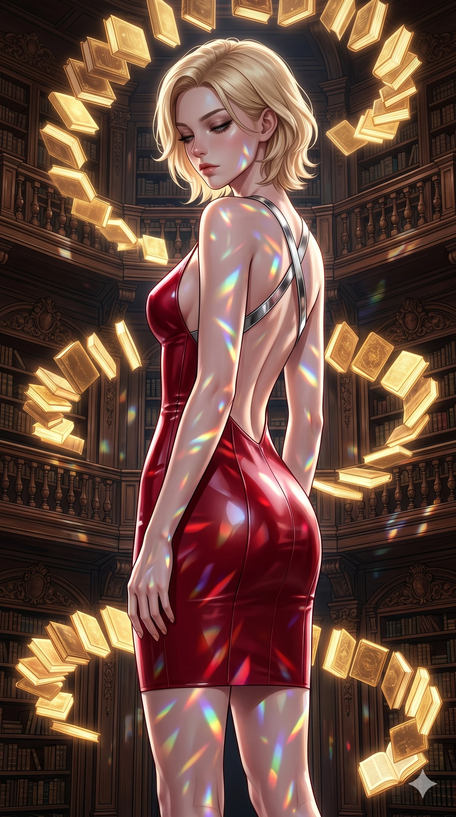 score_9, masterpiece, best quality, ultra-detailed, high-budget anime keyframe, editorial fashion photography, tasteful artistic composition, Caucasian woman, strictly human ears. cowboy shot from the thighs up, character and outfit filling the frame for maximum editorial presence. Looking down with lowered lashes and a composed, powerful expression amidst a baroque library where glowing golden books orbit in slow spiral patterns. She has an absolutely perfect 8-heads proportion, an exceptionally tall and slender female figure with impossibly long slender legs and an ultra-slim waist. V-shaped jawline, high-bridge nose, intricate jewel-like eyes with depth, thick eyelashes, glossy lips with a natural sheen. wearing a structured deep-cherry-red fashion-latex fitted dress with a clean architectural front and a dramatic open-back design with a single criss-cross strap in chrome across the open-back design. lit by mirror-reflected prismatic spotlights creating geometric light patterns that play across her body. 2k, ultra detail, master piece, 9:16 ratio