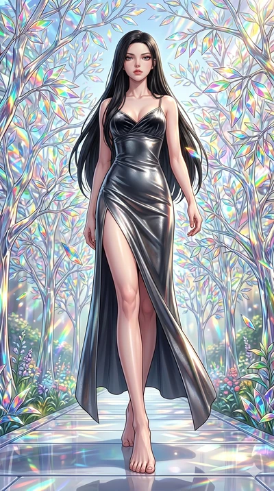 score_9, masterpiece, best quality, ultra-detailed, Set C: High-budget Anime Keyframe, Korean woman. Low angle cowboy shot filling the entire 9:16 frame with her statuesque presence. Walking through a garden of glass trees that chime in the wind. She