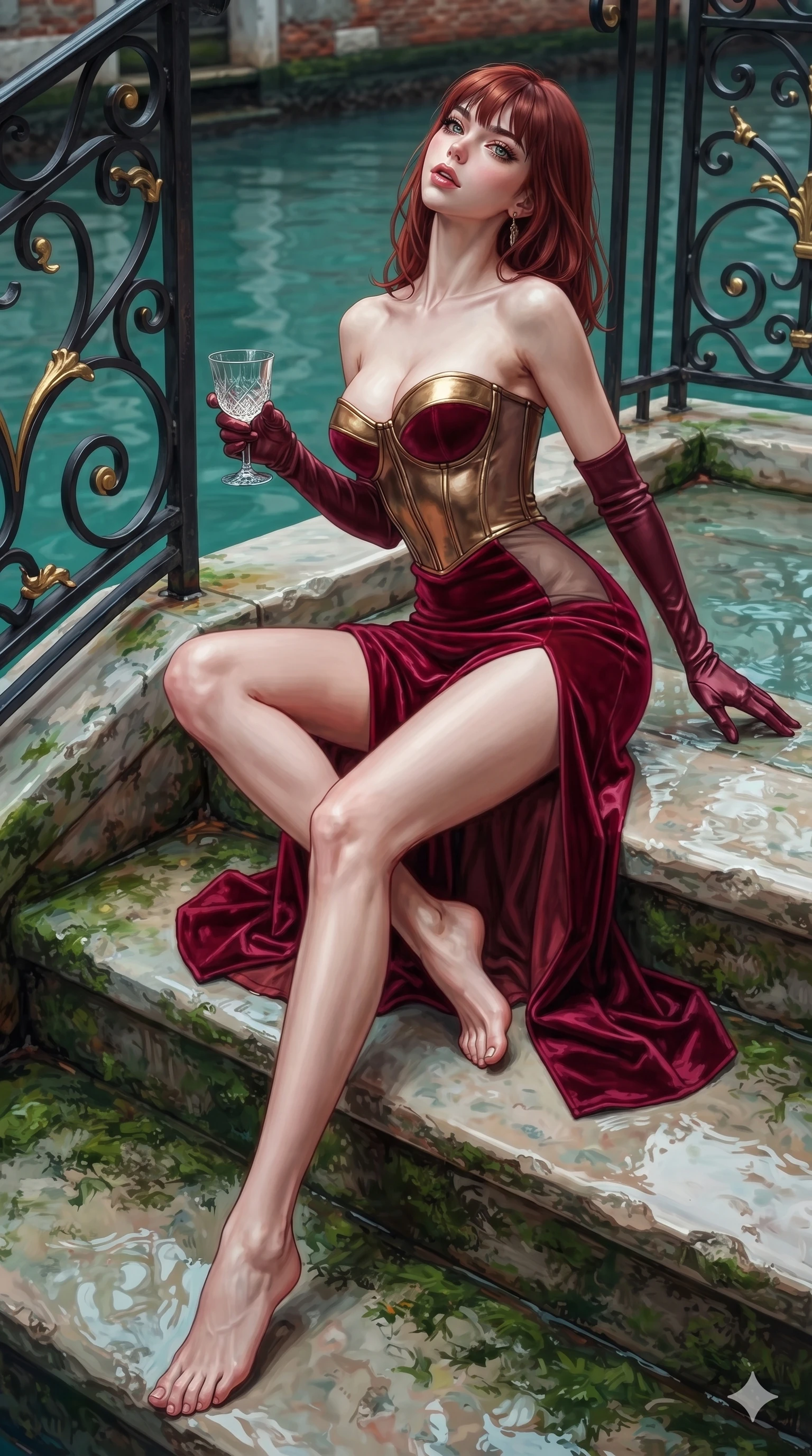 score_9, masterpiece, best quality, ultra-detailed, high-budget anime keyframe, editorial fashion photography, tasteful artistic composition, Caucasian woman. low angle full-body shot from head to toe showing her feet, filling the entire 9:16 vertical frame with her statuesque presence, stretching her vertical silhouette. sitting poised on the stone steps with one knee bent, arching her spine with supermodel elegance as she glances upward through thick eyelashes while twisting her slender torso in an alluring S-curve, liquid turquoise canal reflections dancing across her flat midriff and hourglass curves. The surrounding environment is rendered in vivid detail and crisp panoramic clarity: sharp wrought-iron scrollwork with gold accents, wet mossy marble step texture, and crisp water ripple caustic patterns in deep focus. She has an exceptionally tall and slender model-like 8.5-heads proportion, an ultra-slim waist, a flat toned midriff, narrow delicate ribcage, and beautifully sculpted feminine hips creating a graceful, slim hourglass silhouette without any bulky heaviness, with impossibly long slender legs. sharp v-shaped jawline, high-bridge nose, intricate jewel-like eyes with depth, thick eyelashes, glossy parted lips with a natural sheen, intensely captivating and seductive bedroom-eyes expression, flawlessly proportioned anatomical accuracy, strict slender model proportions, natural body alignment, perfectly sculpted long slender limbs, ultra-slim waistline, clean dynamic posture without body distortion. wearing a strapless velvet column gown with deep side slit, metallic leather corset bodice, and sheer opera gloves in royal crimson velvet and burnished gold, featuring strategic sheer-illusion tulle side panels framing her ribcage and hips, accessorized with opera-length satin gloves and a vintage crystal glass, the bespoke structured tailoring following the natural line of her 8.5-heads silhouette with refined elegance. illuminated by water reflection bounce and sharp cyan-amber rim lights defining her jawline, narrow waist, and curvy hips. ultra-reflective glossy finish, specular highlights, rich textural contrasts, high-contrast stereoscopic depth, volumetric dynamic lighting, 2k, ultra detail, master piece, 9:16 ratio