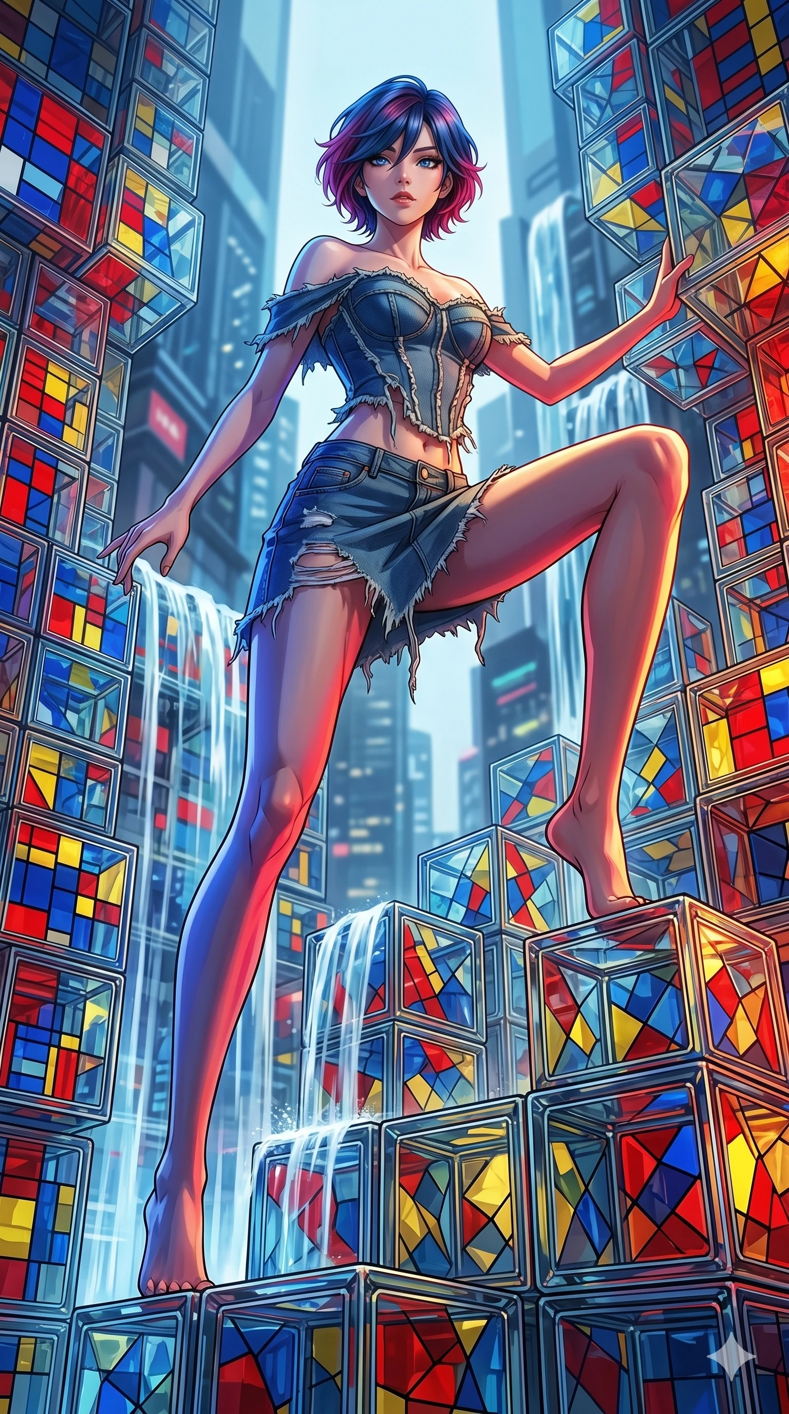 score_9, masterpiece, best quality, ultra-detailed, high-budget anime keyframe, Caucasian woman, strictly human ears. low angle full-body shot filling the entire 9:16 frame with her statuesque presence, stretching the vertical silhouette. balancing on cubist glass blocks that cascade like a waterfall, reflecting complex mosaic patterns and primary colors. She has an absolutely perfect 8-heads proportion, an exceptionally tall and slender female figure with impossibly long slender legs and an ultra-slim waist. V-shaped jawline, high-bridge nose, intricate jewel-like eyes with depth, thick eyelashes, glossy lips with a natural sheen.. wearing a deconstructed denim corset and an asymmetric ripped denim micro-skirt, showcasing a rugged yet chic off-shoulder style. accented by dynamic color-blocked lighting with high-contrast shadows emphasizing her statuesque height. 2k, ultra detail, master piece, 9:16 ratio
