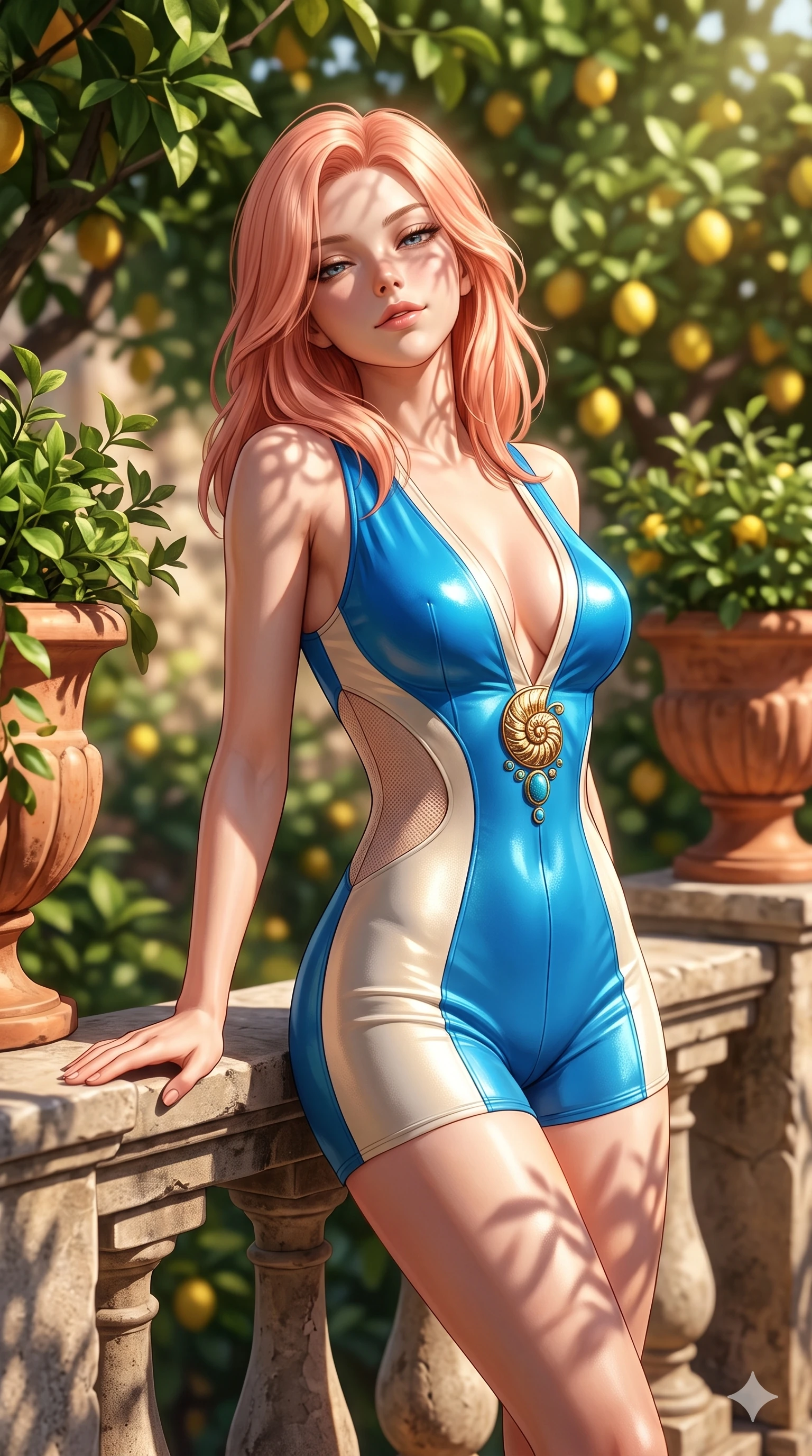 score_9, masterpiece, best quality, ultra-detailed, high-budget anime keyframe, semi-realistic 3D game render, editorial fashion photography, tasteful artistic composition, Japanese woman. close-up cowboy shot from the waist and thighs up, the character dominates the composition, filling the frame with her large presence. leaning back against the balustrade with relaxed seductive grace, head tilted back slightly while casting a hypnotic, heavy-lidded gaze while twisting her slender torso in an alluring S-curve between terracotta flower urns, dappled citrus leaf shadows tracing her flat midriff and hourglass curves. The background shows a soft-focus Amalfi cliffside villa atmosphere softened in fragrant lemon grove shallow focus. She has an exceptionally elegant, slender, and willowy female figure with an ultra-slim waist, flat toned midriff, narrow ribcage, and sculpted feminine hips creating an alluring, slim hourglass silhouette without bulk. sharp v-shaped jawline, high-bridge nose, sparkling eyes with hypnotic seductive depth, thick curled eyelashes, glossy parted lips with a natural dewy peach sheen, alluring bedroom-eyes with an enchanting coquettish smile, exuding magnetic siren charisma and sophisticated glamour, flawlessly proportioned anatomical accuracy, strict slender model proportions, natural body alignment, perfectly sculpted long slender limbs, ultra-slim waistline, clean dynamic posture without body distortion. wearing a deep V-neck wet-look liquid lycra romper with side-torso mesh inserts accentuating her hourglass curves in Saint-Tropez azure and sparkling champagne ivory, tailored from second-skin technical compression neoprene with athletic curve-sculpting stretch, accented with an authentic engraved gold nautilus shell medallion and turquoise cabochons, the form-contouring material adhering flawlessly to her sculpted flat midriff and slender torso, emphasizing her long leg lines and perfectly proportioned willowy build. bathed in warm 2900K afternoon sunbeams filtering through dense green lemon foliage creating intricate organic shadow patterns. highly saturated vibrant anime colors, detailed shading with soft gradients, rich glossy textures, high-contrast stereoscopic depth, volumetric dynamic lighting, master piece, 9:16 ratio