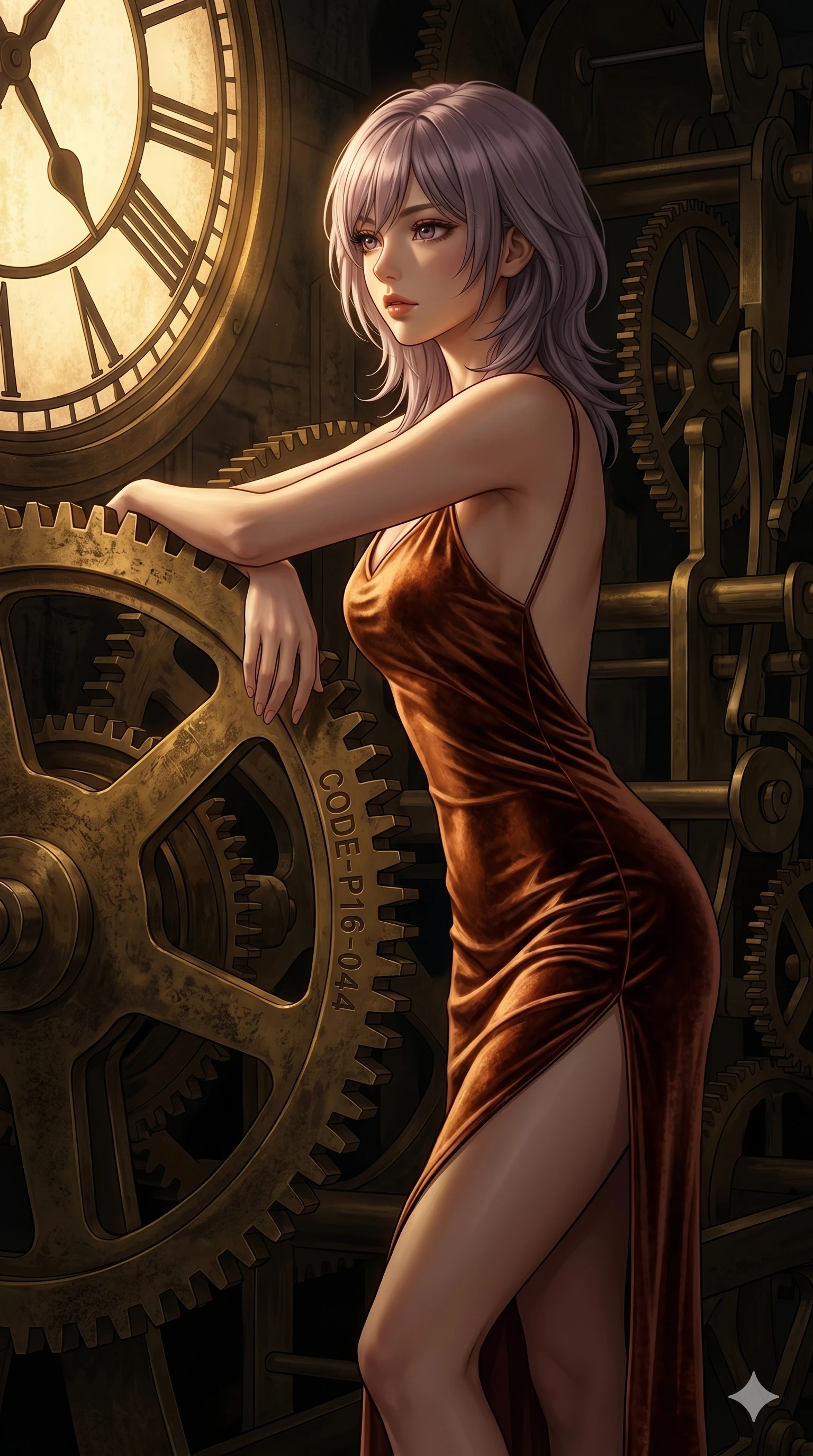 score_9, masterpiece, best quality, ultra-detailed, high-budget anime keyframe, editorial fashion photography, tasteful artistic composition, Japanese woman. cowboy shot from the thighs up, character and outfit filling the frame for maximum editorial presence. leaning against a giant gear wheel, looking past the camera with quiet, thoughtful intensity in an antique clock tower with massive brass gears turning slowly (Code-P16-044). She has an absolutely perfect 8-heads proportion, an exceptionally tall and slender female figure with impossibly long slender legs and an ultra-slim waist. V-shaped jawline, high-bridge nose, intricate jewel-like eyes with depth, thick eyelashes, glossy lips with a natural sheen. wearing a form-fitting copper and velvet slip dress with a scooped open back and side slit. dramatic chiaroscuro with a single golden key light filtering through the clock face. 2k, ultra detail, master piece, 9:16 ratio