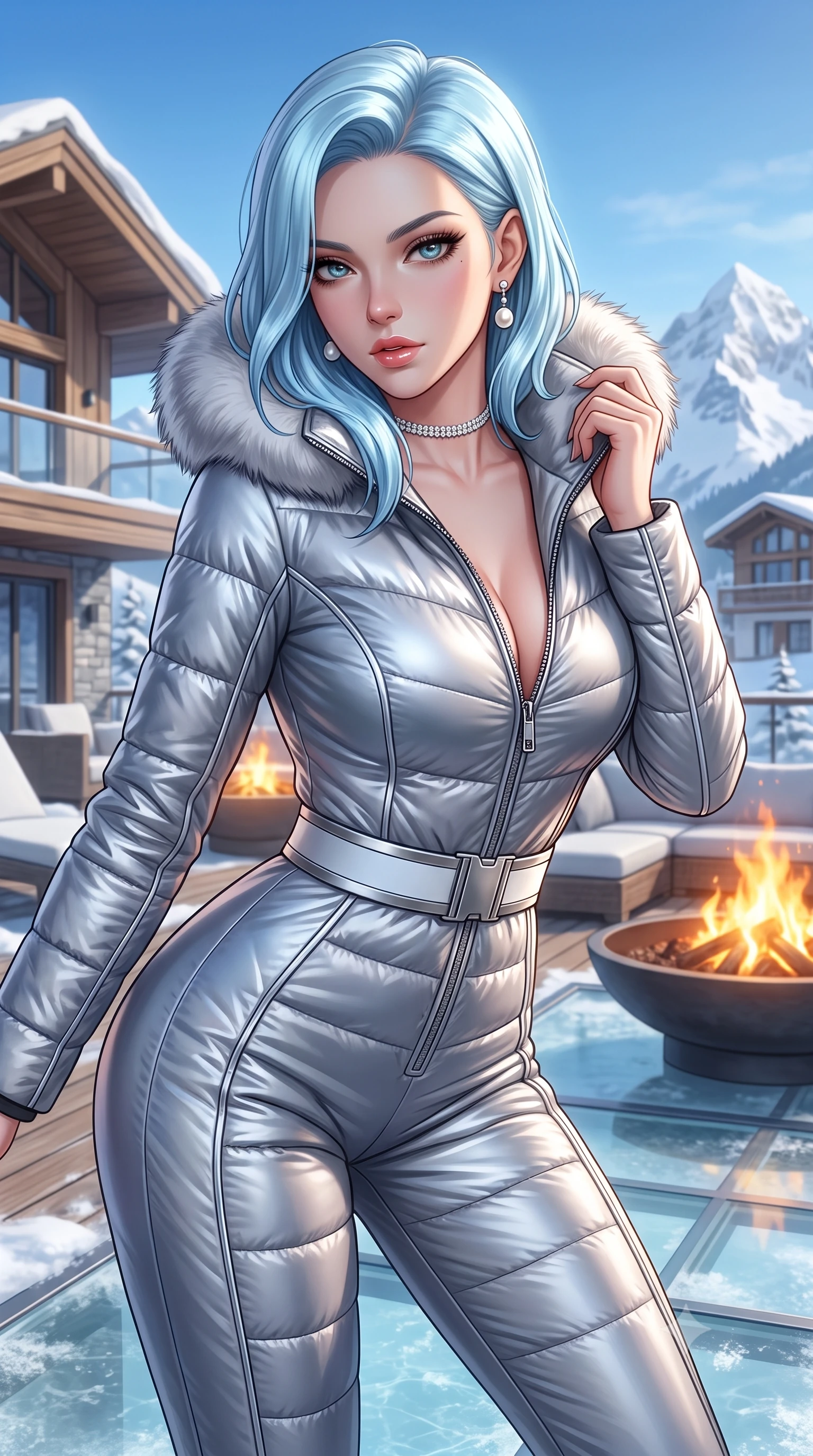 score_9, masterpiece, best quality, ultra-detailed, high-budget anime keyframe, semi-realistic 3D game render, editorial fashion photography, tasteful artistic composition, Korean woman. close-up cowboy shot from the waist and thighs up, the character dominates the composition, filling the frame with her large presence. leaning forward toward the camera with playful, breathtaking intimacy, eyes locked onto the viewer with irresistible charisma while pivoting gracefully on the frosted glass deck, pulling her fur-trimmed collar close while casting an alluring side-gaze. The surrounding environment is rendered in vivid detail and crisp panoramic clarity. breathtaking high-altitude winter chiaroscuro and luxury alpine resort architecture in sharp resolution. She has an exceptionally elegant, slender, and willowy female figure with an ultra-slim waist, a gracefully sculpted slender torso, toned flat midriff, and a refined slim silhouette. sharp v-shaped jawline, high-bridge nose, intricate jewel-like eyes with depth, thick eyelashes, glossy parted lips with a natural sheen, intensely captivating and seductive expression, flawlessly proportioned anatomical accuracy, strict slender model proportions, natural body alignment, perfectly sculpted long slender limbs, ultra-slim waistline, clean dynamic posture without body distortion. wearing a form-fitting thermal catsuit with reflective silver piping and an ultra-flattering waist-cinching belt in metallic titanium and arctic fox white, crafted from metallic silver ripstop nylon with plush goose-down quilting, accessorized with pearl drop earrings and a delicate diamond choker, the snug thermal second-skin fit accentuating her razor-sharp statuesque lines and slim hourglass silhouette amidst the cold snow. bathed in crisp alpine blue sky ambient fill and warm roaring fire pit uplights. highly saturated vibrant anime colors, detailed shading with soft gradients, rich glossy textures, high-contrast stereoscopic depth, volumetric dynamic lighting, master piece, 9:16 ratio