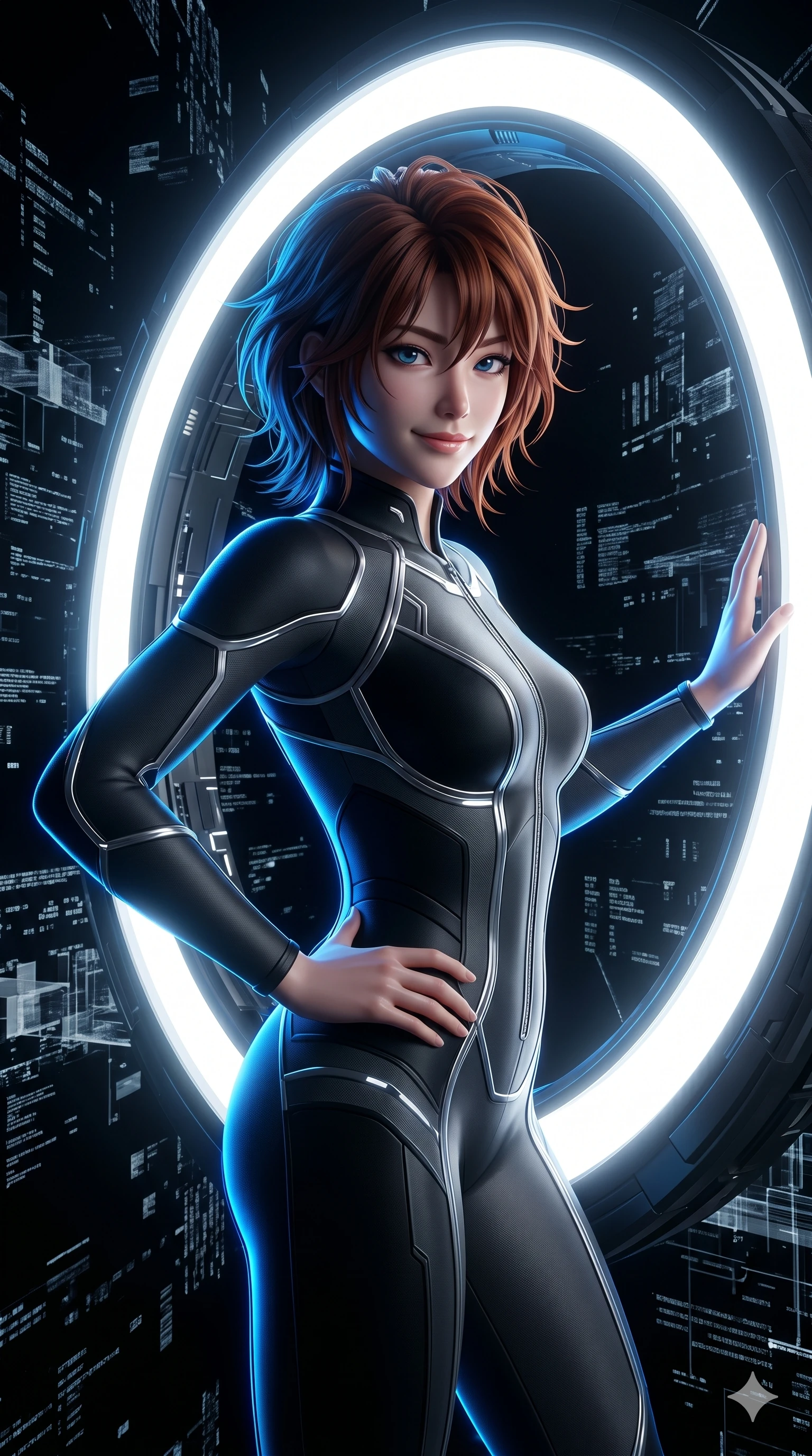 score_9, masterpiece, best quality, ultra-detailed, high-budget anime keyframe, Korean woman. Upper body close-up from the thighs up, character filling the screen for maximum presence. Inside a digital void, next to a giant glowing ring of light, standing inside the ring, looking towards the camera with a confident smile. She is wearing a sleek tech-jumpsuit with dark matte panels and reflective silver piping. The scene is drenched in the bright white light of the ring and a sharp blue rim light. 2k, ultra detail, master piece, 9:16 ratio