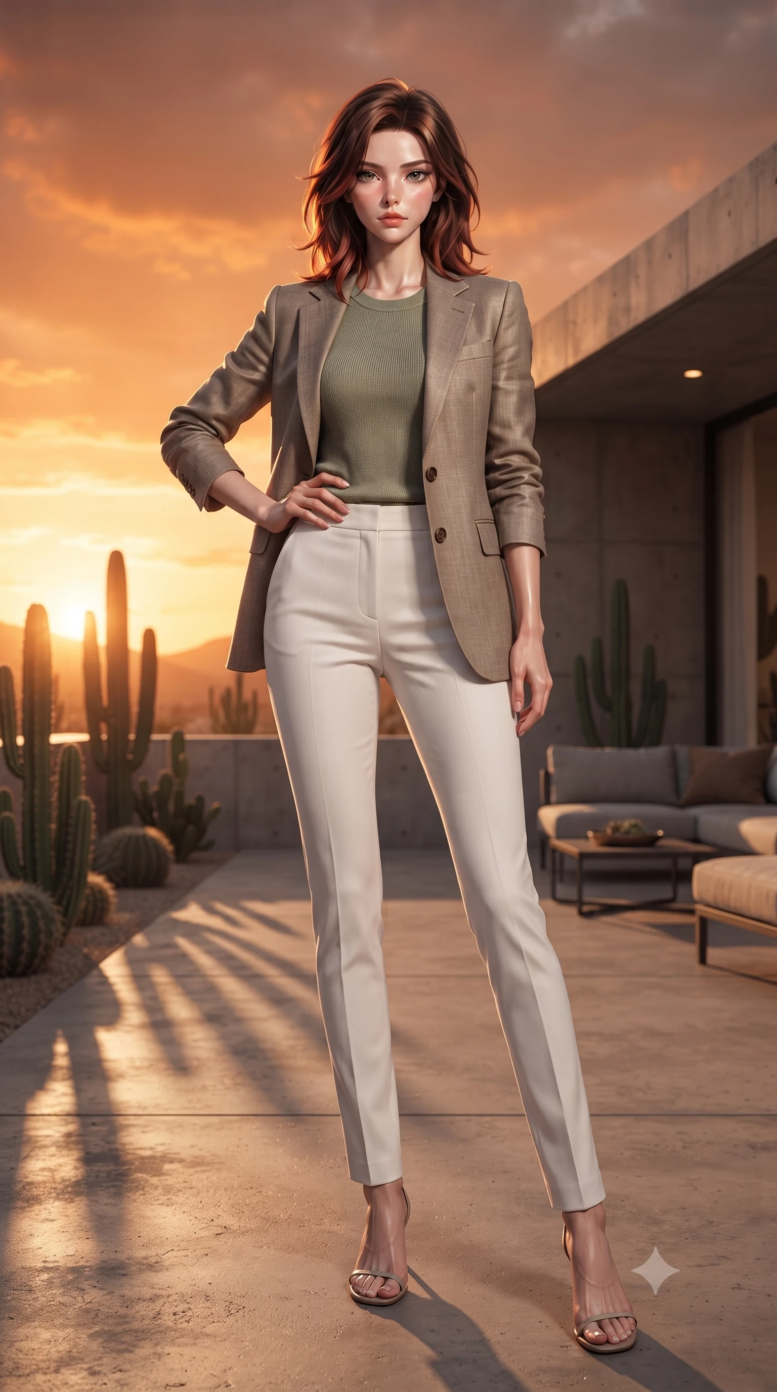 score_9, masterpiece, best quality, ultra-detailed, high-budget anime keyframe, editorial fashion photography, tasteful artistic composition, Korean woman woman. low angle full-body shot from head to toe showing her feet, filling the entire 9:16 vertical frame with her statuesque presence, stretching her vertical silhouette. posing confidently with one hand on her hip, stretching her statuesque body to emphasize her curves the background shows a soft-focus a patio of a modern concrete villa in the desert, with minimalist cacti landscaping. She has an absolutely perfect, statuesque 8.5-heads proportion, an exceptionally tall and slender model-like female figure with impossibly long slender legs and an ultra-slim waist. sharp v-shaped jawline, high-bridge nose, intricate jewel-like eyes with depth, thick eyelashes, glossy lips with a natural sheen. wearing a body-hugging tailored blazer in taupe linen, worn over a sage green knit top and white trousers. the dramatic orange glow of a desert sunset casting long shadows of the cacti. ultra-reflective glossy finish, specular highlights, metallic sheen, high-contrast stereoscopic depth, volumetric dynamic lighting, 2k, ultra detail, master piece, 9:16 ratio