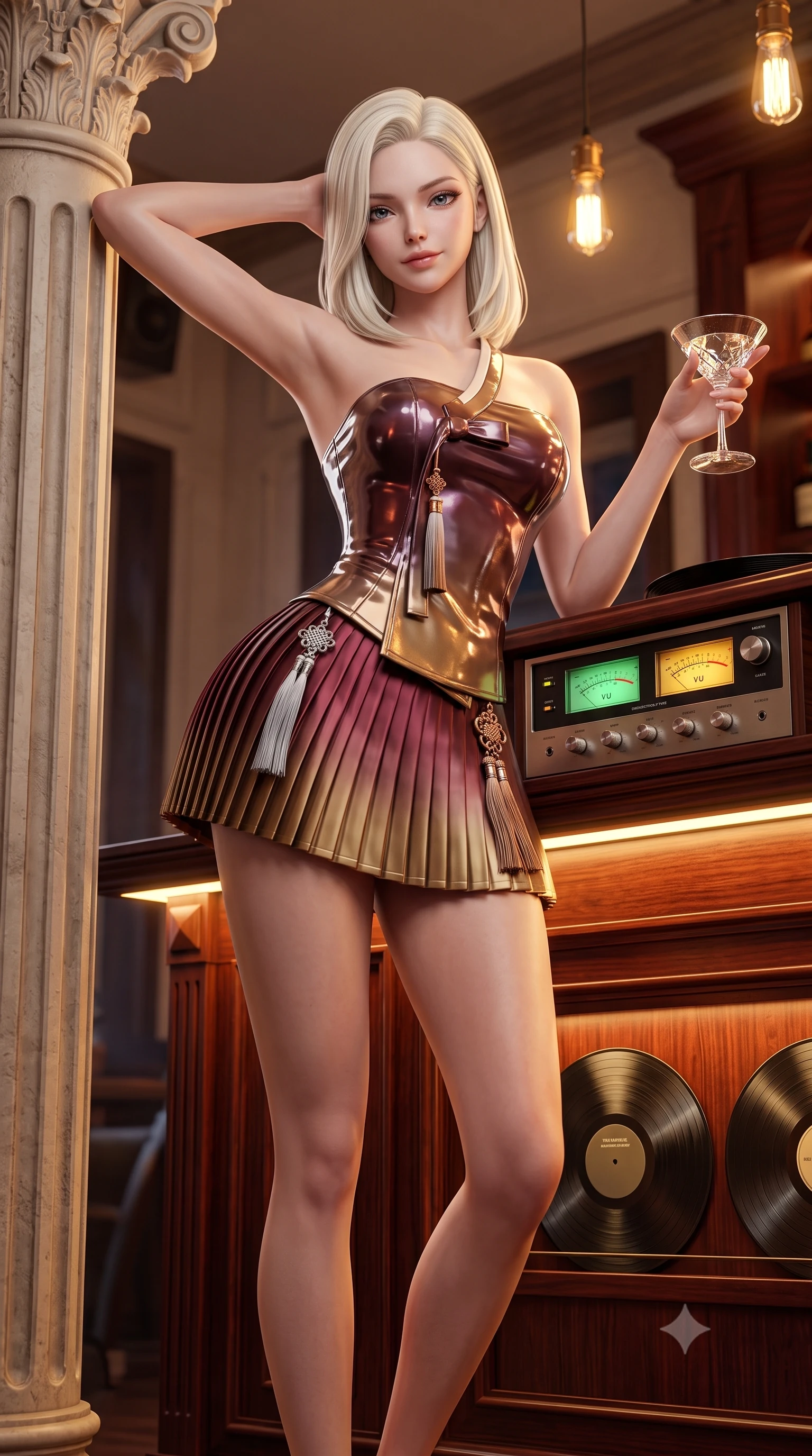 score_9, masterpiece, best quality, ultra-detailed, high-budget anime keyframe, semi-realistic 3D game render, editorial fashion photography, tasteful artistic composition, Caucasian woman. low angle full-body shot from head to toe showing her feet, filling the entire 9:16 vertical frame with her statuesque presence, stretching her vertical silhouette. standing tall beside the architectural column, one hand resting high while arching her lower back to emphasize her sculpted feminine hips and slender waist while leaning against the illuminated wooden bar counter with hips cocked back, holding a cocktail glass while casting a smoldering half-smile. The surrounding environment is rendered in vivid detail and crisp panoramic clarity: sharp vinyl record groove sheen, analog stereo VU meter needle clarity, and polished mahogany bar grain in deep focus. She has an absolutely perfect, statuesque 8.5-heads proportion, an exceptionally tall and slender model-like female figure with impossibly long slender legs, an ultra-slim waist, a flat toned midriff, narrow delicate ribcage, and beautifully sculpted feminine hips creating a graceful, slim hourglass silhouette without any bulky heaviness. sharp v-shaped jawline, high-bridge nose, sparkling eyes with hypnotic seductive depth, thick curled eyelashes, glossy parted lips with a natural dewy peach sheen, alluring bedroom-eyes with an enchanting coquettish smile, exuding magnetic siren charisma and sophisticated glamour, flawlessly proportioned anatomical accuracy, strict slender model proportions, natural body alignment, perfectly sculpted long slender limbs, ultra-slim waistline, clean dynamic posture without body distortion. wearing a modern strapless boned hanbok bustier with traditional norigae tassel accents paired with a micro-pleated silk mini skirt in smoky bordeaux wine and gilded bronze, crafted from wet-look high-gloss vinyl fabric with dazzling specular surface reflections, accented with an intricate silver norigae tassel swaying gracefully along her curving hip line, the precision-cut side openings and low-back scoop framing her graceful spine and the sensual sweep of her slim, toned hips. bathed in warm incandescent pendant lighting and glowing green-and-amber stereo VU meter backlights. highly saturated vibrant anime colors, detailed shading with soft gradients, rich glossy textures, high-contrast stereoscopic depth, volumetric dynamic lighting, master piece, 9:16 ratio