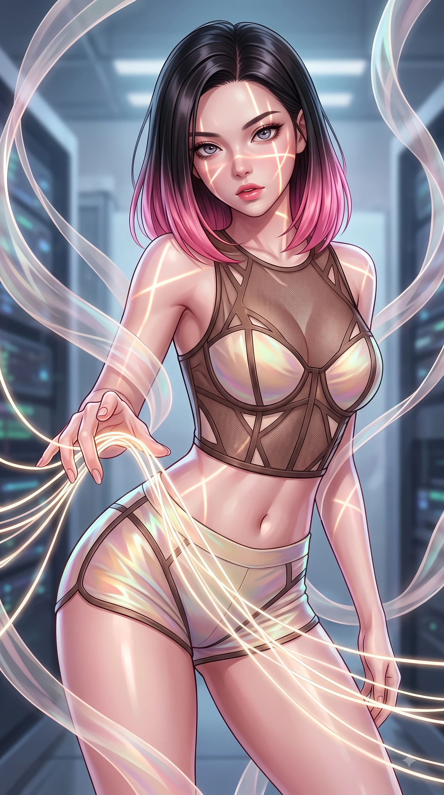 score_9, masterpiece, best quality, ultra-detailed, high-budget anime keyframe, editorial fashion photography, tasteful artistic composition, Korean woman. close-up cowboy shot from the waist and thighs up, the character dominates the composition, filling the frame with her large presence, background elements kept in soft focus. Leaning forward gracefully with lips parted, casting a smoldering magnetic gaze directly into the lens while reaching forward with an arm stretch to touch a cluster of luminescent filament threads, translucent silk ribbons swirling around her body like light streams. She has an exceptionally elegant, slender, and willowy female figure with an ultra-slim waist, a gracefully sculpted slender torso, and a refined silhouette. sharp v-shaped jawline, high-bridge nose, intricate jewel-like eyes with depth, thick eyelashes, glossy lips with a natural sheen, flawlessly proportioned anatomical accuracy, natural body alignment, perfectly sculpted elegant limbs, clean dynamic posture without body distortion. wearing a delicate see-through mesh top with structured cup boning and micro-shorts in espresso brown and warm cream, crafted from iridescent chiffon that shifts colors in the light, featuring subtle geometric cutouts that highlight her ultra-slim midriff, the tailored fabric tightly following every curve of her athletic build. bathed in sharp geometric laser grid highlights and soft ambient fill. highly saturated vibrant anime colors, detailed shading with soft gradients, rich glossy textures, high-contrast stereoscopic depth, volumetric dynamic lighting, master piece, 9:16 ratio