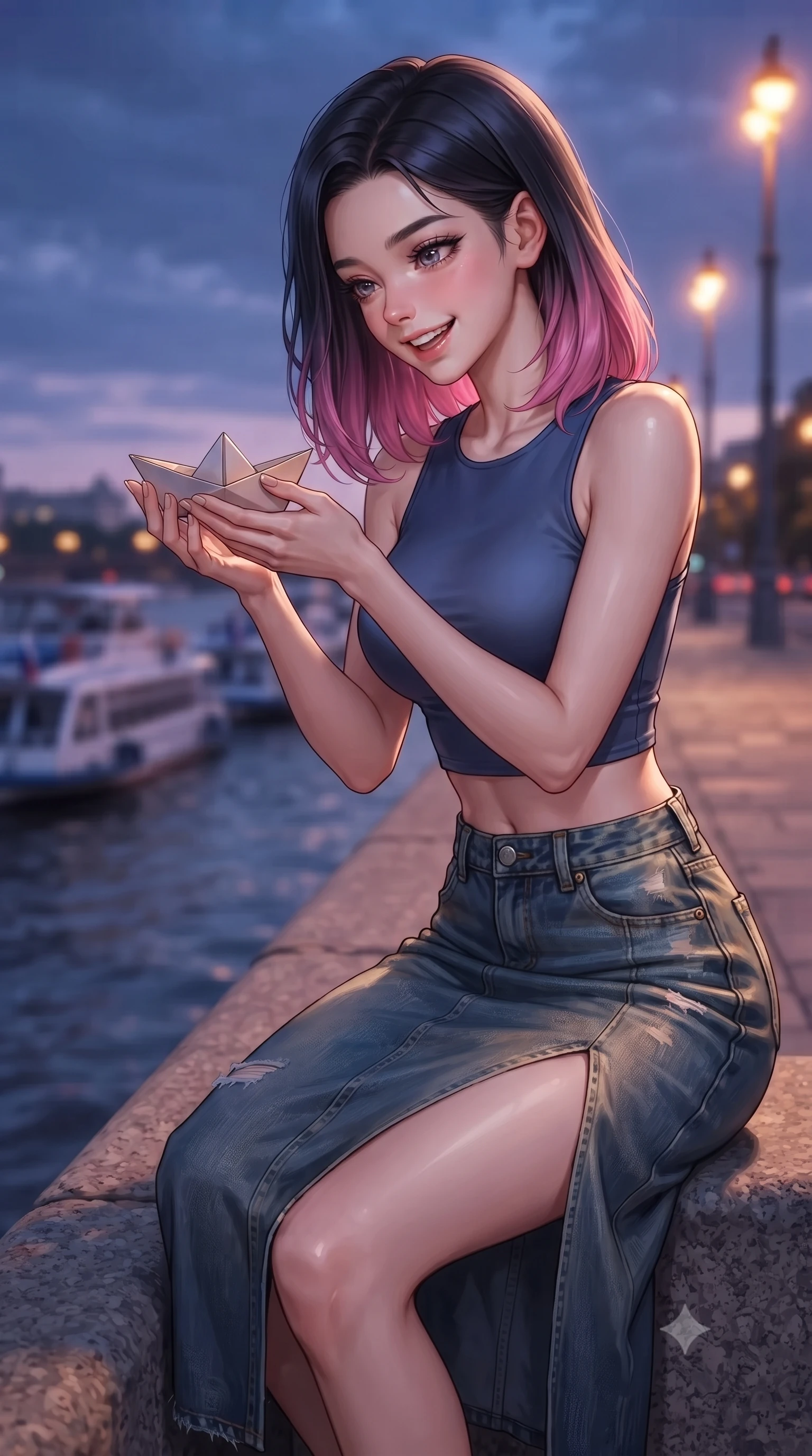 score_9, masterpiece, best quality, ultra-detailed, high-budget anime keyframe, editorial fashion photography, tasteful artistic composition, Korean woman. close-up cowboy shot from the waist and thighs up, the character dominates the composition, filling the frame with her large presence, background elements kept in soft focus. laughing softly with a charming expression, tilting her head cutely to the side set against a soft-focus background of on a concrete river embankment overlooking passing leisure boats holding a small paper boat with a delighted smile, ready to float it. She has an exceptionally elegant, slender, and willowy female figure with an ultra-slim waist, a gracefully sculpted slender torso, and a refined silhouette. sharp v-shaped jawline, high-bridge nose, intricate jewel-like eyes with depth, thick eyelashes, glossy lips with a natural sheen. wearing form-contouring stylish crop top paired with a high-slit denim midi skirt. cool twilight sky glow contrasting with the warm orange light of streetlamps. ultra-reflective glossy finish, specular highlights, metallic sheen, high-contrast stereoscopic depth, volumetric dynamic lighting, 2k, ultra detail, master piece, 9:16 ratio