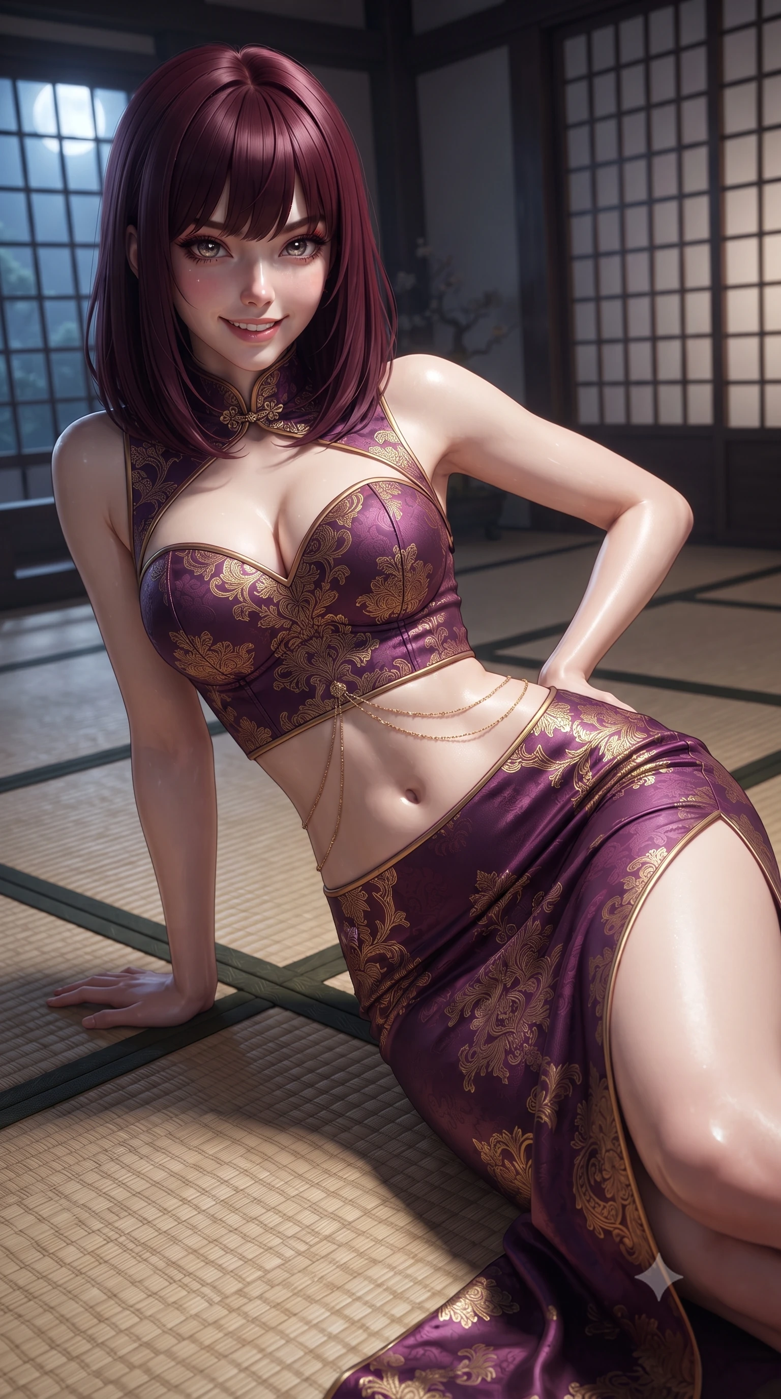score_9, masterpiece, best quality, ultra-detailed, high-budget anime keyframe, editorial fashion photography, tasteful artistic composition, Caucasian woman. close-up cowboy shot from the waist and thighs up, the character dominates the composition, filling the frame with her large presence. resting both hands lightly behind her back while leaning toward the lens with a cheerful, teasing grin, her form-fitting fusion dress hugging her narrow waist and hip curve while lounging languidly across a tatami mat propped on one elbow, her flat midriff and long slender limbs glowing in pure white moonlight. The surrounding environment is rendered in vivid detail and crisp panoramic clarity: detailed raw silk fabric sheen, moonlight specular highlights on skin, and classical Zen temple architecture in razor-sharp precision. She has an exceptionally elegant, slender, and willowy female figure with an ultra-slim waist, flat toned midriff, narrow ribcage, and sculpted feminine hips creating an alluring, slim hourglass silhouette without bulk. sharp v-shaped jawline, high-bridge nose, intricate jewel-like dark sparkling almond eyes with depth, thick lashes, glossy parted lips with a natural rose-plum sheen, bright alluring and coquettish smile with bedroom-eyes, exuding both timeless oriental elegance and sovereign high-fashion allure, flawlessly proportioned anatomical accuracy, strict slender model proportions, natural body alignment, perfectly sculpted long slender limbs, ultra-slim waistline, clean dynamic posture without body distortion. wearing a sweetheart-neckline oriental jacquard bustier top paired with a curve-hugging high-slit mermaid maxi skirt in rich plum violet and gilded bronze embroidery, tailored from fine crisp cotton-linen with clean structural lines, accented with a delicate gold body chain draping loosely across her flat midriff, the liquid-tight tailored silk fabric clinging flawlessly to her narrow waist and rounded feminine hips, emphasizing every millimeter of her sculpted slim hourglass curves without any bulky heaviness. illuminated by white gravel bounce fill and sharp crystalline platinum rim lighting sculpting her razor-sharp jawline, narrow waist, and curvy hips. ultra-reflective glossy finish, specular highlights, rich textural contrasts, high-contrast stereoscopic depth, volumetric dynamic lighting, 2k, ultra detail, master piece, 9:16 ratio