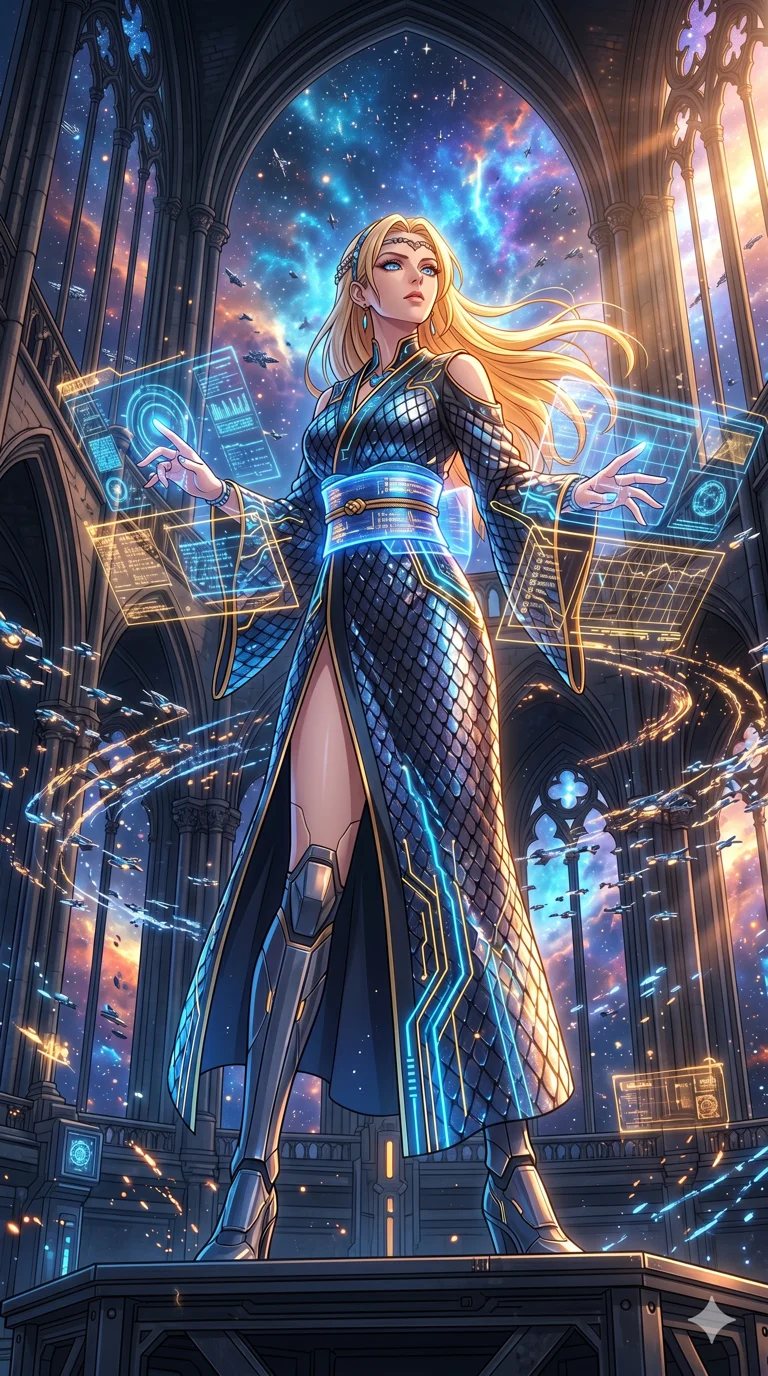 score_9, masterpiece, best quality, ultra-detailed, High-budget Anime Keyframe, vibrant colors, fluid line-art, expressive lighting, cinematic composition, Ufotable-style visual effects, top-tier animation quality, Caucasian woman with pale skin, blonde hair, and (strictly human ears). Low angle cowboy shot filling the entire 9:16 frame with her statuesque presence, looking up to emphasize her height. Commanding a massive fleet of holographic drones within a high-security data center, her fingers dancing across invisible interfaces. She has an absolutely perfect 8-heads proportion, an exceptionally tall and slender female figure with impossibly long slender legs and an ultra-slim waist, her statuesque height and towering silhouette dominating the vertical 9:16 frame. Her face is a masterpiece featuring a sharp v-shaped jawline, high-bridge nose, intricate jewel-like eyes with depth, thick eyelashes, and glossy lips with a natural sheen. She is wearing a High-slit tech-kimono with holographic obi and integrated neon-lit circuitry patterns crafted from Obsidian-glass scales that shimmer with a dark, crystalline brilliance, boasting shoulder cut-outs and a glowing spinal interface visible through the back. The scene is set in a majestic gothic cathedral in deep space with massive windows overlooking a swirling nebula, illuminated by golden hour sunlight that gives her skin a warm, radiant glow. 2k, ultra detail, master piece, 9:16 ratio