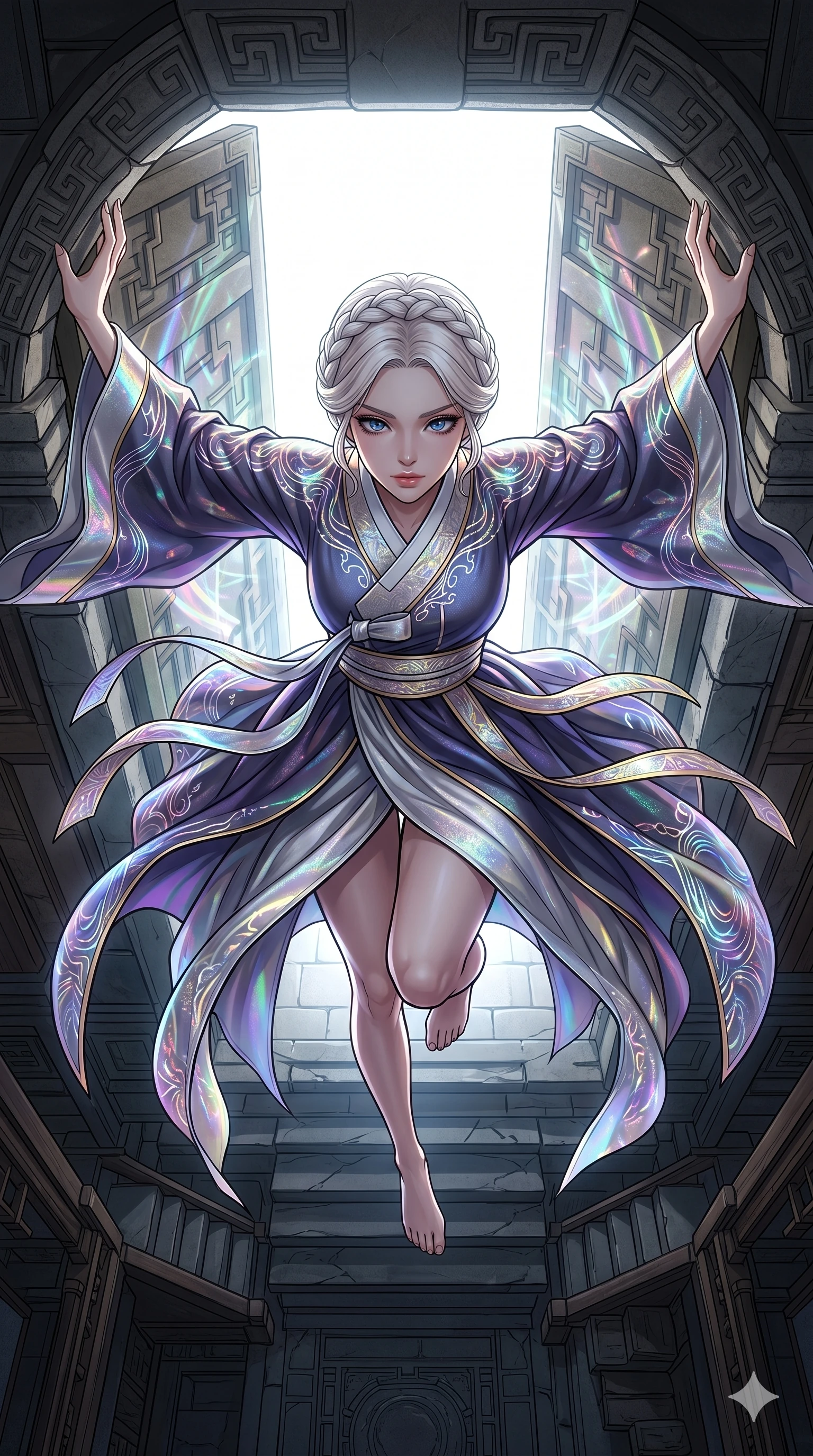 score_9, masterpiece, best quality, ultra-detailed, high-budget anime movie keyframe, cinematic anime lighting, intricate line art, Korean woman. Extreme high angle shot as she leaps towards the camera, filling the frame. looking through a doorway into a world of pure white light. She has an graceful and slender female figure with elegant proportions. strictly human anatomy, two legs only, no extra limbs, clearly defined legs and arms, well-defined anatomy, perfect hands and fingers. sharp v-shaped jawline, high-bridge nose, intricate jewel-like eyes, thick eyelashes, glossy lips. Wearing Modern Traditional: Modernized cyber-hanbok with elegant silk robes and holographic accents. The scene is illuminated by dramatic atmospheric lighting and vibrant color palettes. , 2k, ultra detail, master piece, 9:16 ratio