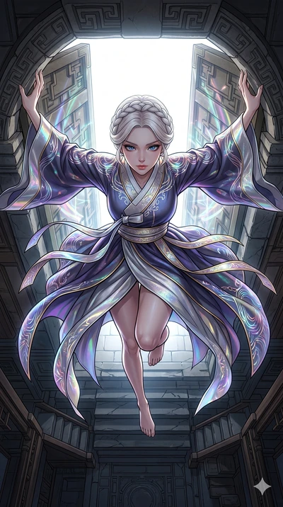 score_9, masterpiece, best quality, ultra-detailed, high-budget anime movie keyframe, cinematic anime lighting, intricate line art, Korean woman. Extreme high angle shot as she leaps towards the camera, filling the frame. looking through a doorway in