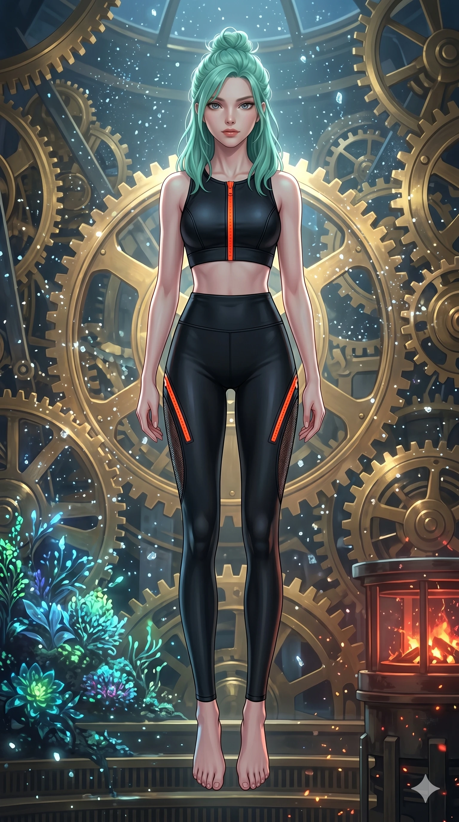 score_9, masterpiece, best quality, ultra-detailed, high-budget anime keyframe, editorial fashion photography, tasteful artistic composition, Japanese woman. low angle full-body shot from head to toe showing her feet, filling the entire 9:16 vertical frame with her statuesque presence, stretching her vertical silhouette. floating suspended above in an clockwork observatory with massive rotating golden celestial gears while thousands of shimmering crystal dust particles dance in the air. She has an absolutely perfect 8-heads proportion, an exceptionally tall and slender female figure with impossibly long slender legs and an ultra-slim waist. V-shaped jawline, high-bridge nose, intricate jewel-like eyes with depth, thick eyelashes, glossy lips with a natural sheen.. wearing a body-conforming neoprene cyber-athleisure set, featuring a tight crop top and leggings with fluorescent orange zipper accents and side slash panels. enhanced by the soft inner light of bioluminescent flora and neon embers in the background. 2k, ultra detail, master piece, 9:16 ratio
