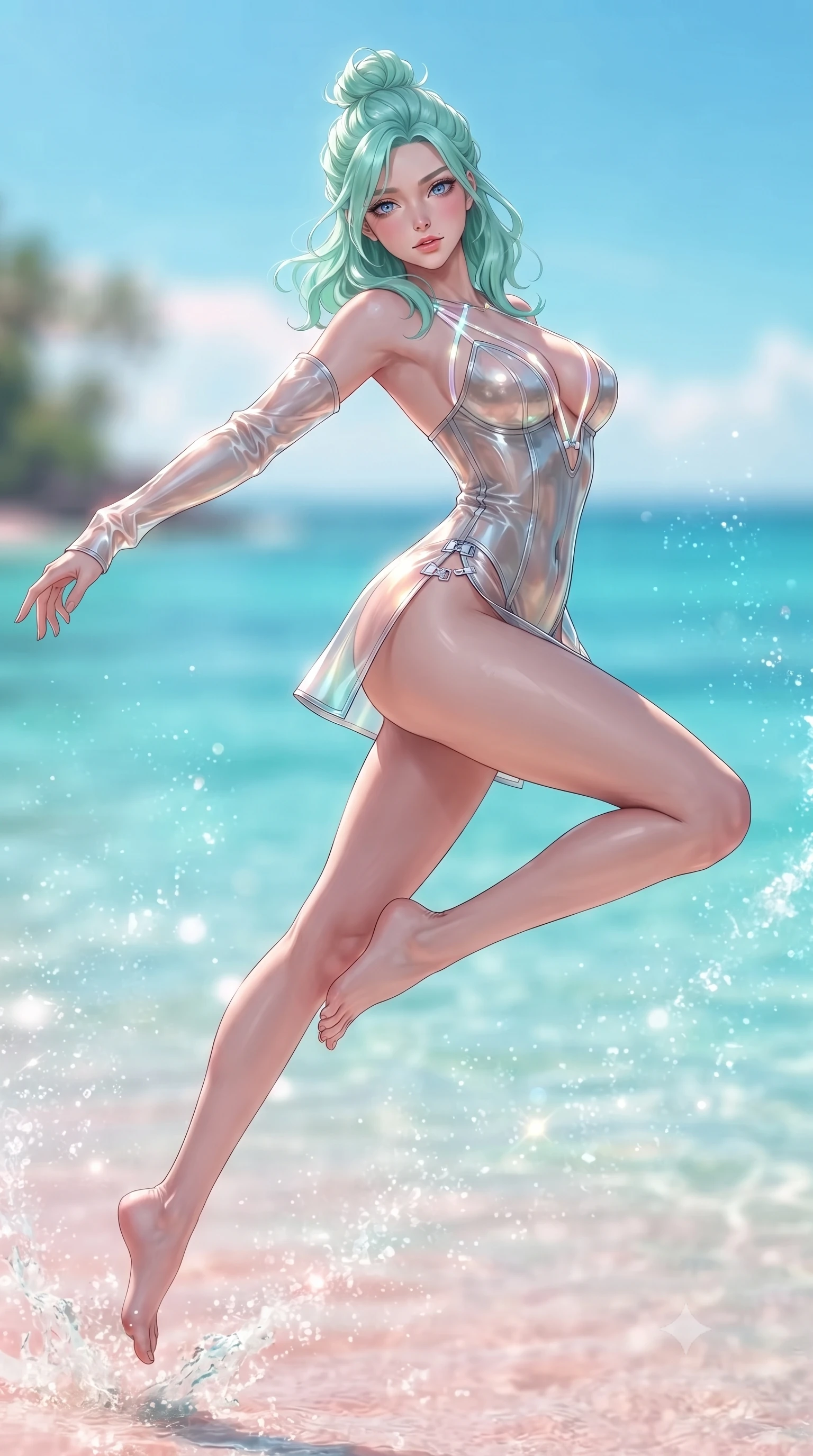 score_9, masterpiece, best quality, ultra-detailed, high-budget anime keyframe, editorial fashion photography, tasteful artistic composition, Japanese woman. low angle full-body shot from head to toe showing her feet, filling the entire 9:16 vertical frame with her statuesque presence, stretching her vertical silhouette. leaping through mid-air with an athletic yet alluring arch of her spine, her impossibly long slender legs stretched in flawless poise while pivoting dynamically at the water edge as bright tropical sea spray sparkles like diamond dust in mid-air. The composition keeps background elements in soft focus with creamy bokeh. crystal-clear turquoise waters and soft pink coral sands blurred into radiant, creamy pastel bokeh. She has an absolutely perfect, statuesque 8.5-heads proportion, an exceptionally tall and slender model-like female figure with impossibly long slender legs, a toned flat midriff, and an ultra-slim waist. sharp v-shaped jawline, high-bridge nose, intricate jewel-like eyes with depth, thick eyelashes, glossy lips with a natural sheen, flawlessly proportioned anatomical accuracy, strict slender model proportions, natural body alignment, perfectly sculpted long slender limbs, ultra-slim waistline, clean dynamic posture without body distortion. wearing a translucent cybernetic corset in semi-opaque structured vinyl, combined with detached sleeves and a deep-plunging neckline secured by glowing micro-straps in glistening liquid pearl white with rainbow opalescence, formed from high-gloss patent material with specular light reflections, finished with an ultra-high side slit secured by miniature magnetic clasps, the sleek second-skin cut tightly hugging her graceful clavicle, narrow waist, and feminine curves with athletic precision. illuminated by pure sky radiance with crisp golden rim lights accentuating her silhouette. ultra-reflective glossy finish, specular highlights, metallic sheen, high-contrast stereoscopic depth, volumetric dynamic lighting, 2k, ultra detail, master piece, 9:16 ratio