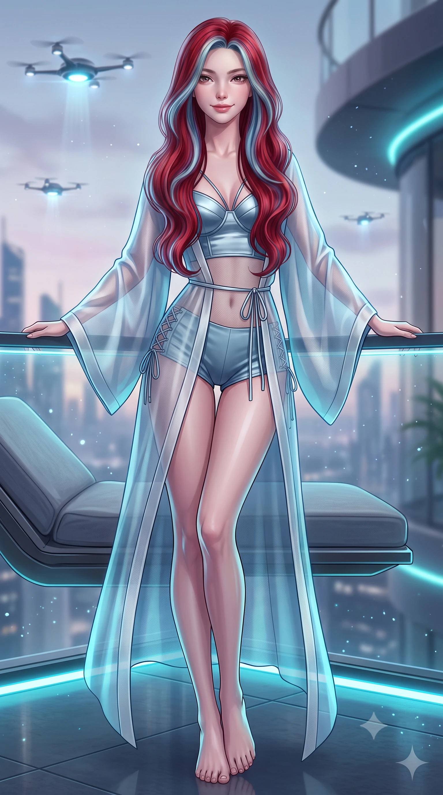 score_9, masterpiece, best quality, ultra-detailed, high-budget anime keyframe, semi-realistic 3D game render, editorial fashion photography, tasteful artistic composition, Caucasian woman. low angle full-body shot from head to toe showing her feet, filling the entire 9:16 vertical frame with her statuesque presence, stretching her vertical silhouette. leaning deep against the balcony balustrade with hips cocked back in an unapologetically alluring high-fashion stance, casting an intoxicating glance while lounging in the floating anti-gravity daybed propped on one elbow, her statuesque 8.5-heads silhouette dominating the sci-fi horizon. The background shows a soft-focus suspended glowing micro-drone lights softened in futuristic solarium shallow focus. She has an exceptionally tall and slender model-like 8.5-heads proportion, an ultra-slim waist, a flat toned midriff, narrow delicate ribcage, and beautifully sculpted feminine hips creating a graceful, slim hourglass silhouette without any bulky heaviness, with impossibly long slender legs. sharp v-shaped jawline, high-bridge nose, intricate jewel-like sparkling eyes with depth, thick eyelashes, glossy parted lips with a natural peach sheen, bright cheerful beaming smile with an enchanting and coquettish sensual glint, exuding both youthful cute charm and seductive allure, flawlessly proportioned anatomical accuracy, strict slender model proportions, natural body alignment, perfectly sculpted long slender limbs, ultra-slim waistline, clean dynamic posture without body distortion. wearing a translucent gossamer silk robe with wide kimono sleeves worn open over a strappy satin demi-bustier and micro-shorts in Tromsø icy arctic blue and frosted platinum, woven from fine semi-opaque stretch illusion mesh tracing her slender contours, featuring fine criss-cross lace-up side ties revealing tantalizing glimpses of her hip curve, the second-skin tailored fabric adhering flawlessly to her sculpted flat midriff and slender torso, emphasizing her long leg lines and perfectly proportioned willowy build. illuminated by platform edge electroluminescent strips and sharp platinum-cyan rim lights sculpting her jawline, narrow waist, and curvy hips. highly saturated vibrant anime colors, detailed shading with soft gradients, rich glossy textures, high-contrast stereoscopic depth, volumetric dynamic lighting, master piece, 9:16 ratio