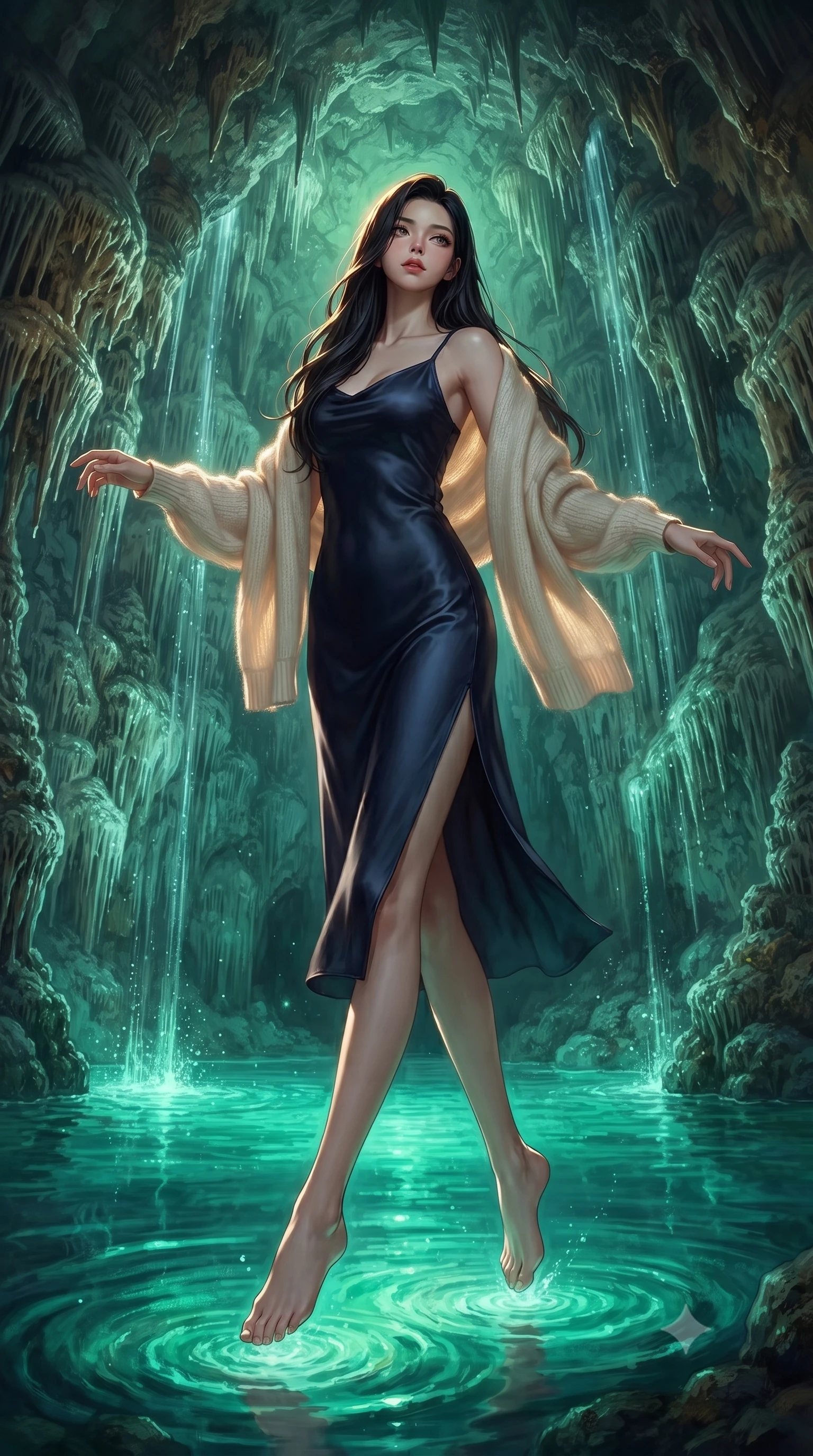 score_9, masterpiece, best quality, ultra-detailed, high-budget anime keyframe, editorial fashion photography, tasteful artistic composition, Korean woman. low angle full-body shot from head to toe showing her feet, filling the entire 9:16 vertical frame with her statuesque presence, stretching her vertical silhouette. floating with ethereal lightness within a vast underground river that glows with intense green-blue phosphorescence illuminating the stalactite cathedral ceiling high above with mineral formations dripping luminous water creating glowing curtains of living light. She has a statuesque 8.5-heads proportion, an exceptionally tall, slender and willowy model-like build with impossibly long legs and a highly sculpted ultra-slim waist. sharp v-shaped jawline, high-bridge nose, intricate jewel-like eyes with depth, thick eyelashes, glossy lips with a natural sheen. wearing a deep navy silk slip midi dress featuring a tasteful side thigh slit, layered with a soft cream knit shawl. dramatic chiaroscuro with a single golden key light sculpting her silhouette. 2k, ultra detail, master piece, 9:16 ratio