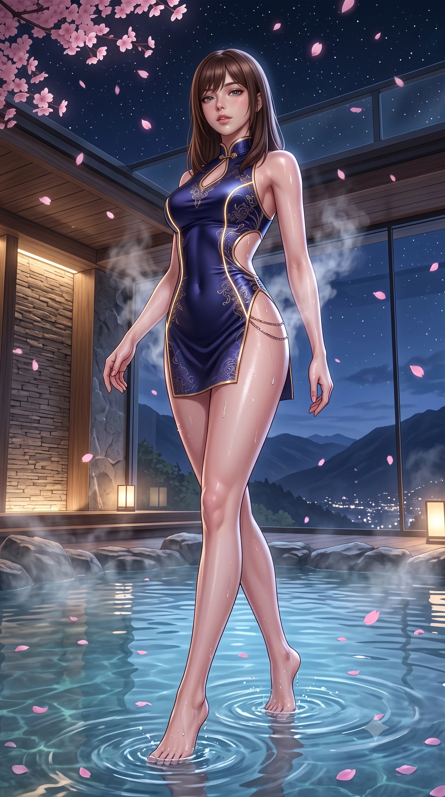 score_9, masterpiece, best quality, ultra-detailed, high-budget anime keyframe, semi-realistic 3D game render, editorial fashion photography, tasteful artistic composition, Korean woman. low angle full-body shot from head to toe showing her feet, filling the entire 9:16 vertical frame with her statuesque presence, stretching her vertical silhouette. striding forward in a proud supermodel runway stride, hips swaying in an alluring kinetic rhythm that accentuates her curvy hourglass silhouette while wading through the thermal mineral pool beneath falling pink sakura petals, arching her spine in pure pleasure as steam curls around her waist. The surrounding environment is rendered in vivid detail and crisp panoramic clarity. atmospheric nocturnal thermal chiaroscuro and private mountain-view skylounge luxury in precision. She has an absolutely perfect, statuesque 8.5-heads proportion, an exceptionally tall and slender model-like female figure with impossibly long slender legs, a toned flat midriff, an ultra-slim waist, and beautifully sculpted feminine hips. sharp v-shaped jawline, high-bridge nose, intricate jewel-like eyes with depth, thick eyelashes, glossy parted lips with a natural sheen, intensely captivating and seductive bedroom-eyes expression, flawlessly proportioned anatomical accuracy, strict slender model proportions, natural body alignment, perfectly sculpted long slender limbs, ultra-slim waistline, clean dynamic posture without body distortion. wearing a futuristic embroidered qipao mini dress with glowing fiber-optic seams and side cutouts in midnight indigo and glowing starlight gold, tailored from smooth liquid silk satin adhering seamlessly to her wet skin, complemented by a delicate metallic hip chain catching the pool caustics, the glove-like aerodynamic silhouette tightly following the natural contour of her hips and long slender legs with statuesque precision. illuminated by wet specular reflections accentuating her sculpted collarbones, narrow waist, and curvy hips. highly saturated vibrant anime colors, detailed shading with soft gradients, rich glossy textures, high-contrast stereoscopic depth, volumetric dynamic lighting, master piece, 9:16 ratio