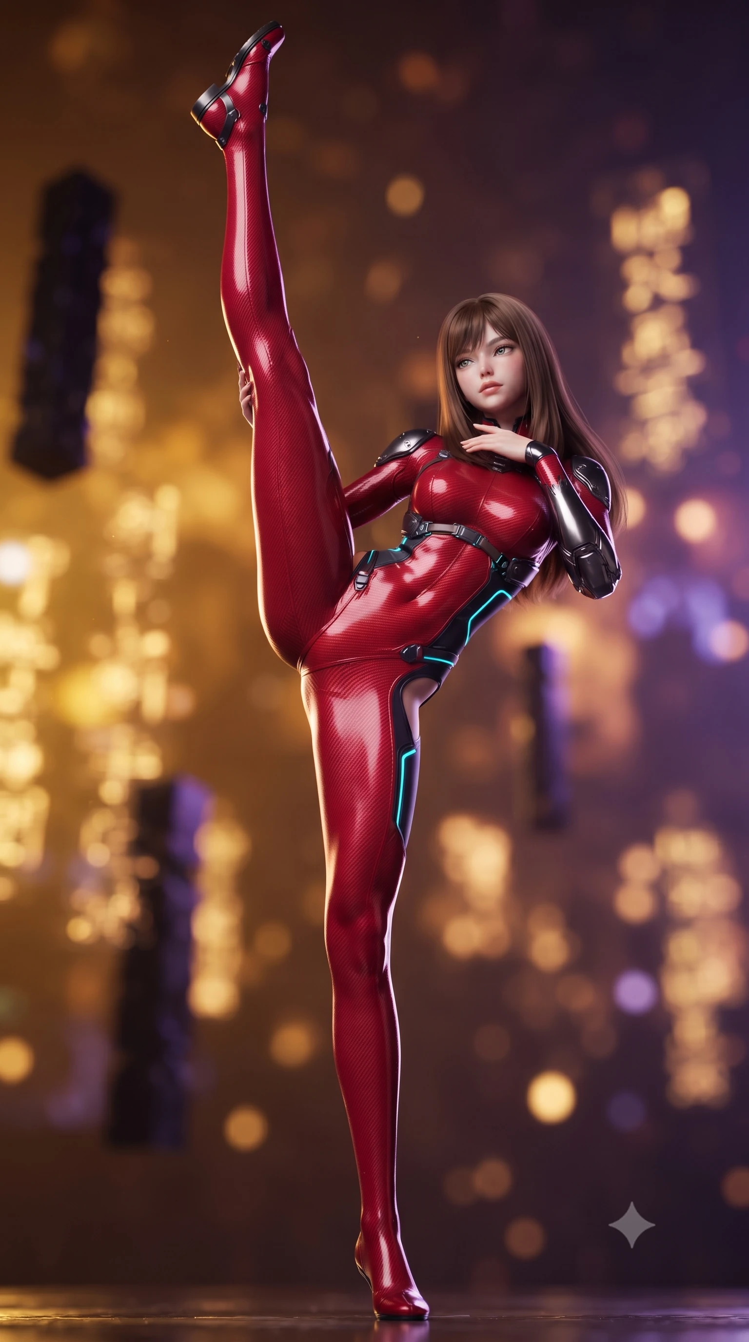 score_9, masterpiece, best quality, ultra-detailed, high-budget anime keyframe, editorial fashion photography, tasteful artistic composition, Korean woman. low angle full-body shot from head to toe showing her feet, filling the entire 9:16 vertical frame with her statuesque presence, stretching her vertical silhouette. executing a breathtaking zero-gravity high-kick with full 180-degree vertical extension, her impossibly long slender legs dominating the frame with razor-sharp poise while resting one hand near her clavicle with calm sovereign poise as floating stone shards align around her slender silhouette. The composition keeps background elements in soft focus with creamy bokeh. floating obsidian temple pillars and golden holographic glyphs blurred into rich amber, gold, and violet bokeh. She has an absolutely perfect, statuesque 8.5-heads proportion, an exceptionally tall and slender model-like female figure with impossibly long slender legs, a toned flat midriff, and an ultra-slim waist. sharp v-shaped jawline, high-bridge nose, intricate jewel-like eyes with depth, thick eyelashes, glossy lips with a natural sheen, flawlessly proportioned anatomical accuracy, strict slender model proportions, natural body alignment, perfectly sculpted long slender limbs, ultra-slim waistline, clean dynamic posture without body distortion. wearing a skin-tight crimson carbon-weave battle-suit with metallic dark chrome elbow dampers and hip-accentuating cutouts in matte obsidian carbon black with electric cyan conduits, made of liquid carbon-jersey fabric adhering flawlessly to her sculpted silhouette, reinforced by a sleek titanium kinetic harness and glowing micro-energy straps, the form-contouring material adhering flawlessly to her sculpted flat midriff and slender torso, emphasizing her long leg lines and perfectly proportioned willowy build. surrounded by an awe-inspiring, ancient, and radiantly transcendent martial muse sovereignty aura. ultra-reflective glossy finish, specular highlights, dark metallic sheen, high-contrast stereoscopic depth, volumetric dynamic lighting, 2k, ultra detail, master piece, 9:16 ratio