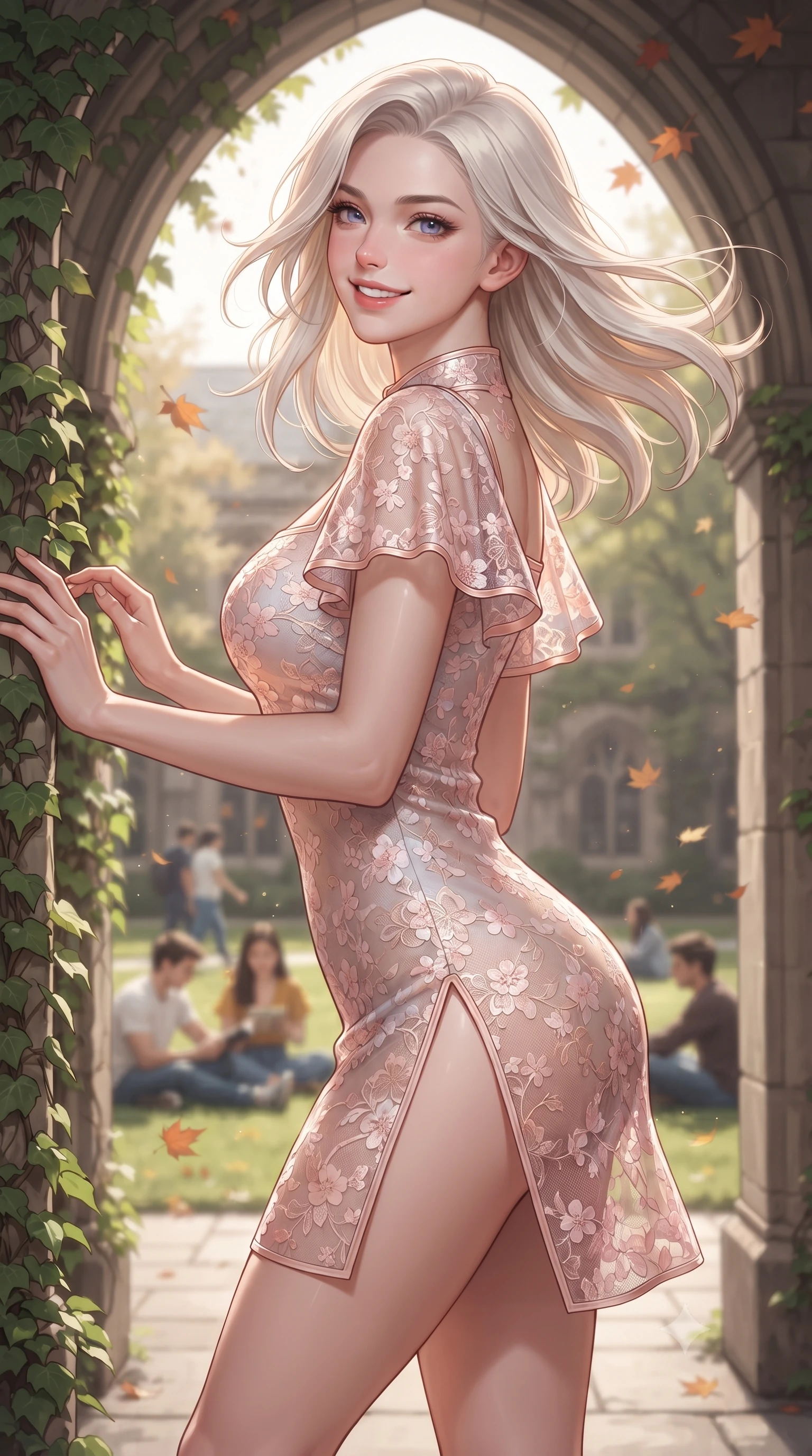 score_9, masterpiece, best quality, ultra-detailed, high-budget anime keyframe, editorial fashion photography, tasteful artistic composition, Caucasian woman. close-up cowboy shot from the waist and thighs up, the character dominates the composition, filling the frame with her large presence. turning playfully with a bright confident smile, her glossy hair tossing in the breeze as her hips angle gracefully in a captivating contrapposto while leaning against an ivy-covered gothic archway with hips cocked back, looking over her shoulder with an alluring, playful girlhood charm. The composition keeps background elements in soft focus with dreamy creamy bokeh. students resting on lawns and fluttering maple leaves softened in nostalgic campus shallow focus. She has an exceptionally elegant, slender, and willowy female figure with an ultra-slim waist, flat toned midriff, narrow ribcage, and sculpted feminine hips creating an alluring, slim hourglass silhouette without bulk. sharp v-shaped jawline, high-bridge nose, intricate jewel-like sparkling eyes with depth, thick eyelashes, glossy parted lips with a natural peach sheen, bright cheerful beaming smile with an enchanting and coquettish sensual glint, exuding both youthful cute charm and seductive allure, flawlessly proportioned anatomical accuracy, strict slender model proportions, natural body alignment, perfectly sculpted long slender limbs, ultra-slim waistline, clean dynamic posture without body distortion. wearing a modern cute qipao mini dress with double side slits ascending to the hip in pastel floral silk in cherry blossom pink and soft rose gold, made of sheer contouring stretch lace with delicate floral patterns, featuring elegant flutter sleeves and a graceful square neckline, the form-fitting cut adhering flawlessly to her sculpted flat midriff and slender torso, emphasizing her long leg lines and perfectly proportioned willowy build. illuminated by warm campus grass bounce fill accentuating her sculpted collarbones, ultra-slim waist, and curvy hips. ultra-reflective glossy finish, specular highlights, rich textural contrasts, high-contrast stereoscopic depth, volumetric dynamic lighting, 2k, ultra detail, master piece, 9:16 ratio
