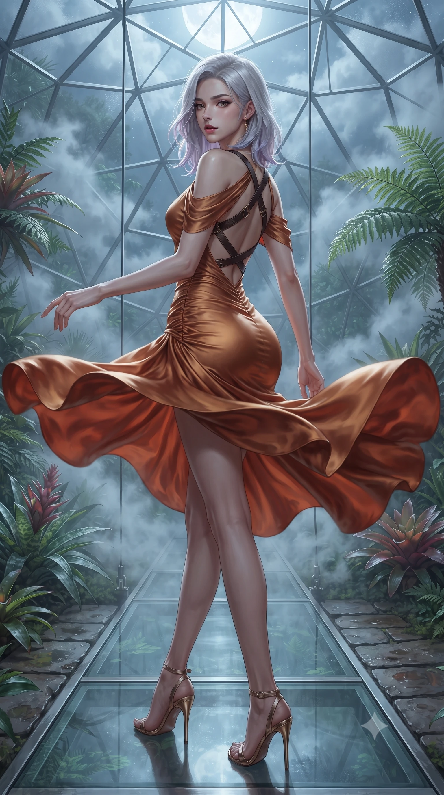 score_9, masterpiece, best quality, ultra-detailed, high-budget anime keyframe, editorial fashion photography, tasteful artistic composition, Caucasian woman. low angle full-body shot from head to toe showing her feet, filling the entire 9:16 vertical frame with her statuesque presence, stretching her vertical silhouette. executing an elegant mid-motion pivot turn as garments swirl around her slender limbs, glancing over her shoulder with an intoxicating bedroom-gaze while standing poised on a suspended glass walkway within the high-altitude cloud dome, twisting her torso in an alluring S-curve in the mist. The surrounding environment is rendered in vivid detail and crisp panoramic clarity. sharp exotic plant leaf venation, geodesic dome frame joints, and wet stone pavers in deep focus. She has an exceptionally tall and slender model-like 8.5-heads proportion, an ultra-slim waist, a flat toned midriff, narrow delicate ribcage, and beautifully sculpted feminine hips creating a graceful, slim hourglass silhouette without any bulky heaviness, with impossibly long slender legs. sharp v-shaped jawline, high-bridge nose, intricate jewel-like eyes with depth, thick eyelashes, glossy parted lips with a natural sheen, intensely captivating and seductive bedroom-eyes expression, flawlessly proportioned anatomical accuracy, strict slender model proportions, natural body alignment, perfectly sculpted long slender limbs, ultra-slim waistline, clean dynamic posture without body distortion. wearing a form-contouring cocktail dress with an asymmetrical open shoulder and hip-defining ruching in molten desert gold and burnt terracotta, tailored from ultra-smooth duchess satin with a pearlescent sheen, featuring an open-back criss-cross harness strap in dark leather, the liquid-tight tailored fabric clinging flawlessly to her narrow waist and rounded feminine hips, emphasizing every millimeter of her sculpted slim hourglass curves without any bulky heaviness. bathed in cool silver full-moon light streaming from above and soft emerald bio-luminescent foliage fill. ultra-reflective glossy finish, specular highlights, rich textural contrasts, high-contrast stereoscopic depth, volumetric dynamic lighting, 2k, ultra detail, master piece, 9:16 ratio