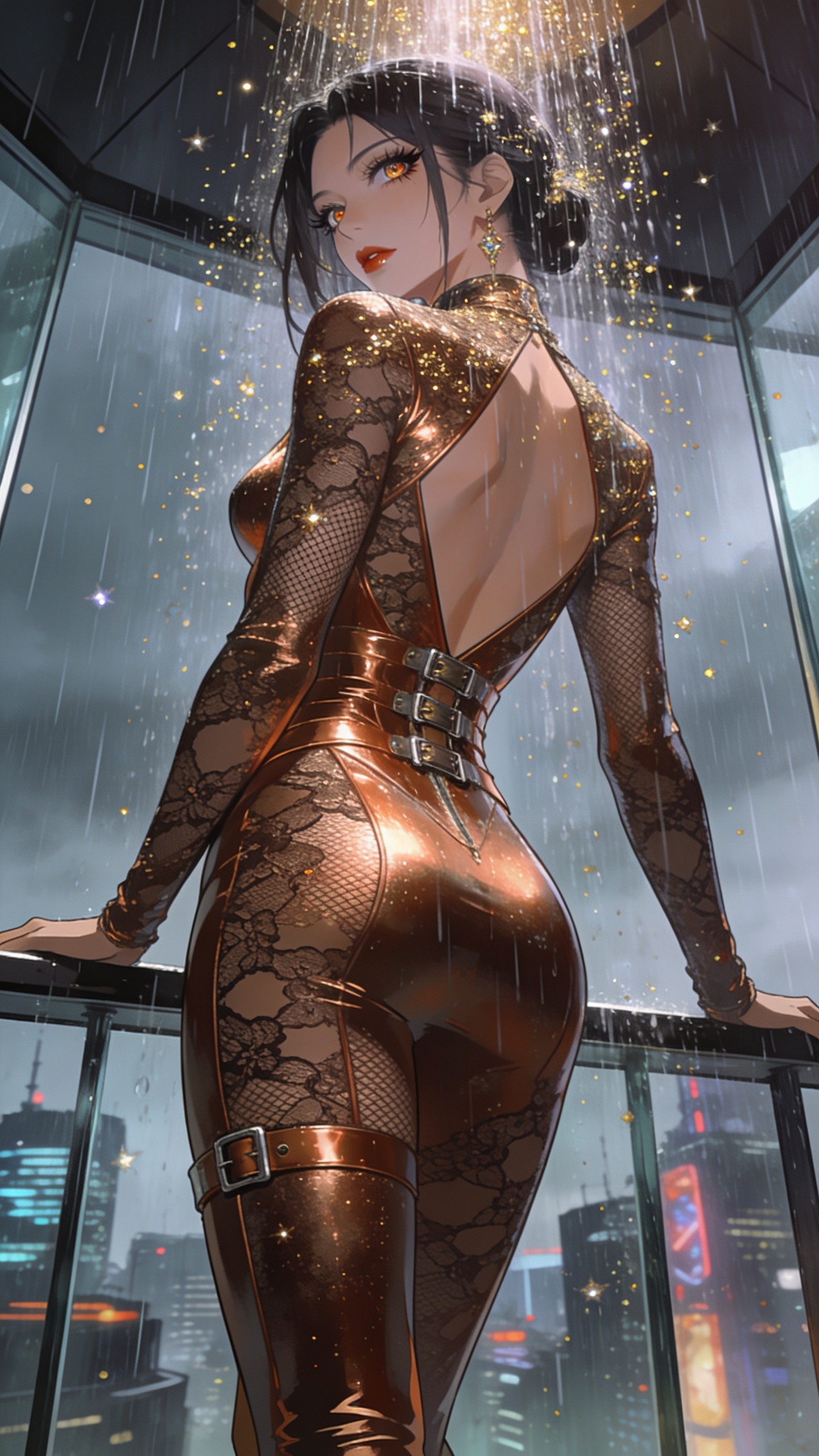 score_9, masterpiece, best quality, ultra-detailed, High-budget Anime Keyframe, East Asian woman. Low angle cowboy shot filling the entire 9:16 frame with her statuesque presence. Scenario 488: showering under a cascade of glittering gold stardust inside a minimalist glass balcony overlooking a rainy cyberpunk megacity. Her presence is magnetic and overpowering in this high-budget anime scene. Outfit 488: a slim-fit metallic copper micro-mesh lace catsuit with a dramatic backless design and metallic buckles. The clothing is designed to emphasize her exceptionally tall and slender 8-heads proportion. 8-heads proportion, towering silhouette, ultra-slim waist. sharp v-shaped jawline, intricate jewel-like eyes with depth, thick eyelashes, glossy lips. 2k, ultra detail, master piece, 9:16 ratio