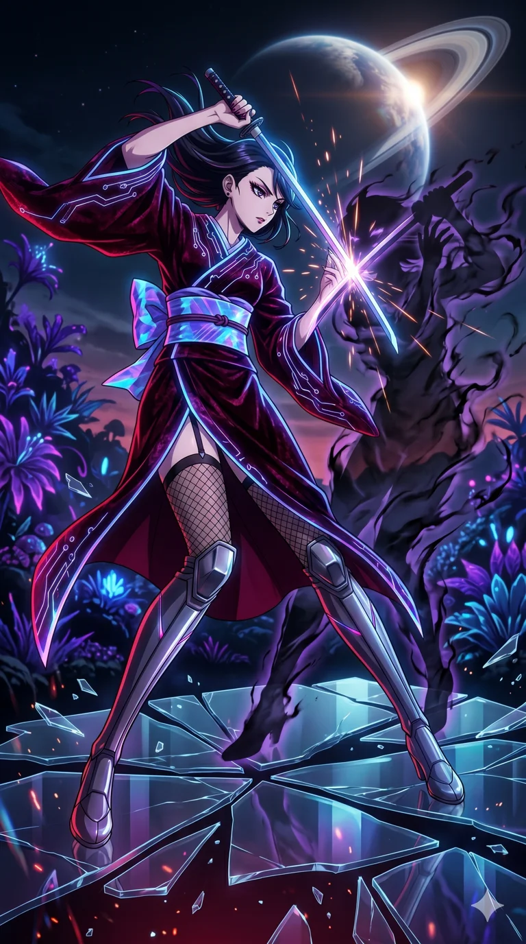 score_9, masterpiece, best quality, ultra-detailed, High-budget Anime Keyframe, vibrant colors, fluid line-art, expressive lighting, cinematic composition, Ufotable-style visual effects, top-tier animation quality, Japanese woman with delicate and elegant anime-inspired features. Wide-angle low shot emphasizing her impossibly long slender legs and commanding stature. Engaging in a fierce duel with a shadowy mirror version of herself on a platform of floating glass shards. She has an absolutely perfect 8-heads proportion, an exceptionally tall and slender female figure with impossibly long slender legs and an ultra-slim waist, her statuesque height and towering silhouette dominating the vertical 9:16 frame. Her face is a masterpiece featuring a sharp v-shaped jawline, high-bridge nose, intricate jewel-like eyes with depth, thick eyelashes, and glossy lips with a natural sheen. She is wearing a High-slit tech-kimono with holographic obi and integrated neon-lit circuitry patterns crafted from Crushed dark velvet with a deep, rich texture that absorbs light and glows at the edges, accompanied by sensual fishnet stockings and thigh-high metallic boots. The scene is set in a mysterious alien planet with bioluminescent purple flora and a giant ringed planet in the sky, illuminated by harsh neon light and deep shadows creating a high-contrast noir aesthetic. 2k, ultra detail, master piece, 9:16 ratio