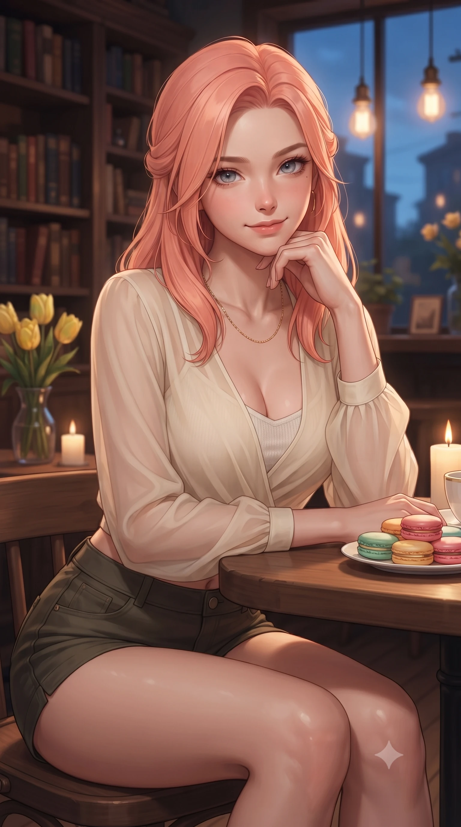 score_9, masterpiece, best quality, ultra-detailed, high-budget anime keyframe, editorial fashion photography, tasteful artistic composition, Japanese woman. close-up cowboy shot from the waist and thighs up, the character dominates the composition, filling the frame with her large presence, background elements kept in soft focus. smiling cutely while resting her chin on her hand, looking directly into the lens set against a soft-focus background of in a cozy wooden-themed coffee shop decorated with antique bookshelf walls with a small vase of yellow tulips and a plate of colorful macarons on the table. She has an exceptionally elegant, slender, and willowy female figure with an ultra-slim waist, a gracefully sculpted slender torso, and a refined silhouette. sharp v-shaped jawline, high-bridge nose, intricate jewel-like eyes with depth, thick eyelashes, glossy lips with a natural sheen. wearing tailored sheer chiffon wrap top in cream, worn over a slim-fit knit bralette and low-cut shorts. soft candle glow and warm pendant lights clashing with the cool blue dusk sky. ultra-reflective glossy finish, specular highlights, metallic sheen, high-contrast stereoscopic depth, volumetric dynamic lighting, 2k, ultra detail, master piece, 9:16 ratio