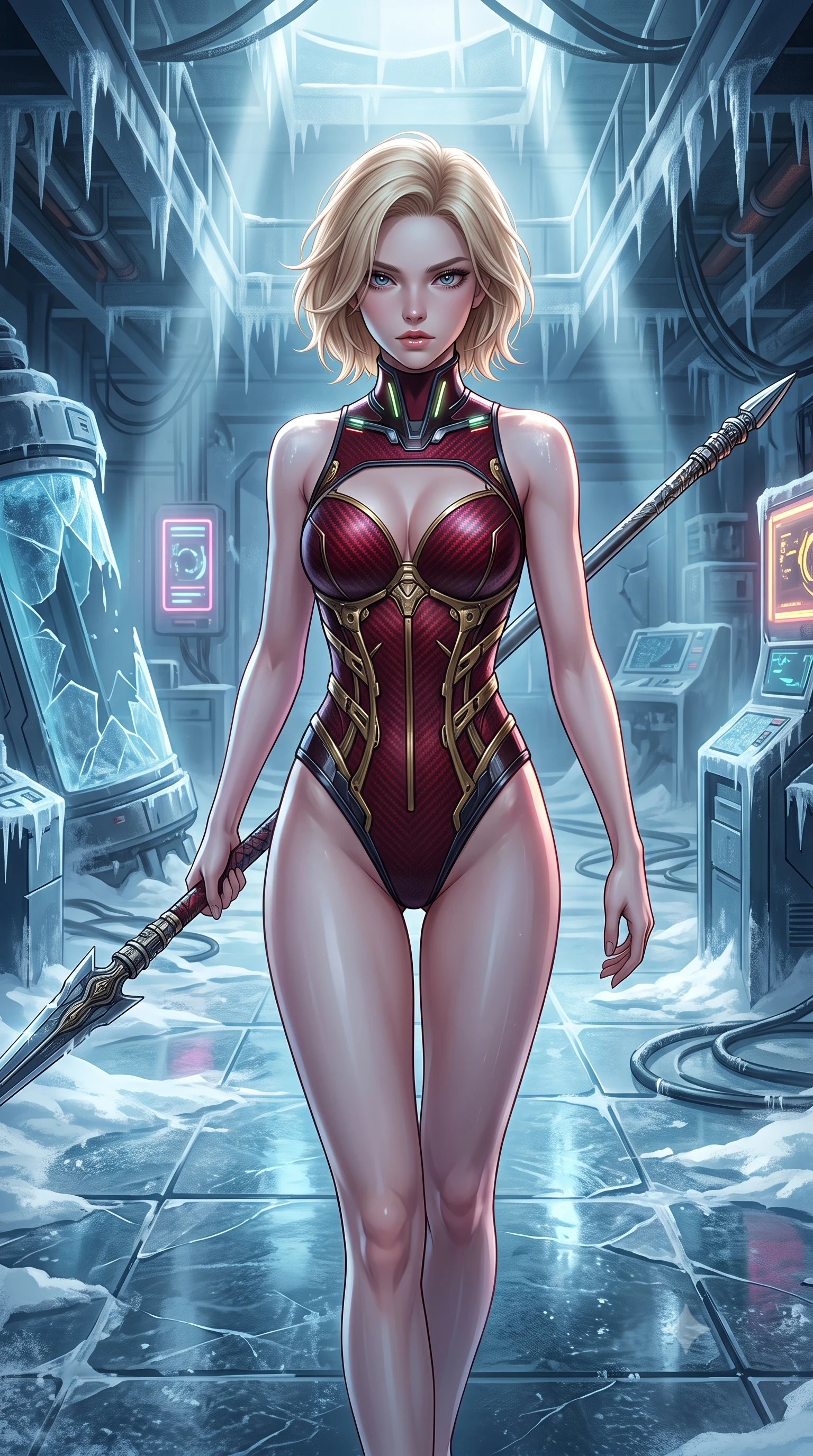 score_9, masterpiece, best quality, ultra-detailed, high-budget anime keyframe, semi-realistic 3D game render, editorial fashion photography, tasteful artistic composition, Caucasian woman. close-up cowboy shot from the waist and thighs up, the character dominates the composition, filling the frame with her large presence. looking into the camera lens with intense, captivating depth, softly parted glossy lips and thick eyelashes framing her fierce battle-ready gaze while stepping across ice-slicked laboratory tiles with spear balanced horizontally, radiating sovereign arctic composure. The surrounding environment is rendered in vivid detail and crisp panoramic clarity. high-contrast arctic chiaroscuro and sleek high-tech laboratory ruin captured with precision. She has an exceptionally elegant, slender, and willowy female figure with an ultra-slim waist, a gracefully sculpted slender torso, toned flat midriff, and a refined slim silhouette. sharp v-shaped jawline, high-bridge nose, intricate jewel-like eyes with depth, thick eyelashes, glossy lips with a natural sheen, flawlessly proportioned anatomical accuracy, strict slender model proportions, natural body alignment, perfectly sculpted long slender limbs, ultra-slim waistline, clean dynamic posture without body distortion. wearing a precision-tailored high-fashion carbon-fiber corset bodysuit with gold mechanical rib boning, wielding a glowing energy katana with royal elegance in deep crimson carbon weave with specular dark chrome accents, made of lightweight aerodynamic carbon-titanium alloy with polished edge bevels, featuring a sleek aerodynamic collar framed by subtle glowing cybernetic status LEDs, the precision-cut daring openings accentuating her delicate midriff, graceful bare collarbones, and ultra-slim feminine waistline. surrounded by a cool, lethal, and breathtakingly alluring frost-goddess special-operative aura. rich saturated anime colors with glowing neon highlights, detailed shading with soft gradients, rich glossy textures, high-contrast stereoscopic depth, volumetric dynamic lighting, master piece, 9:16 ratio