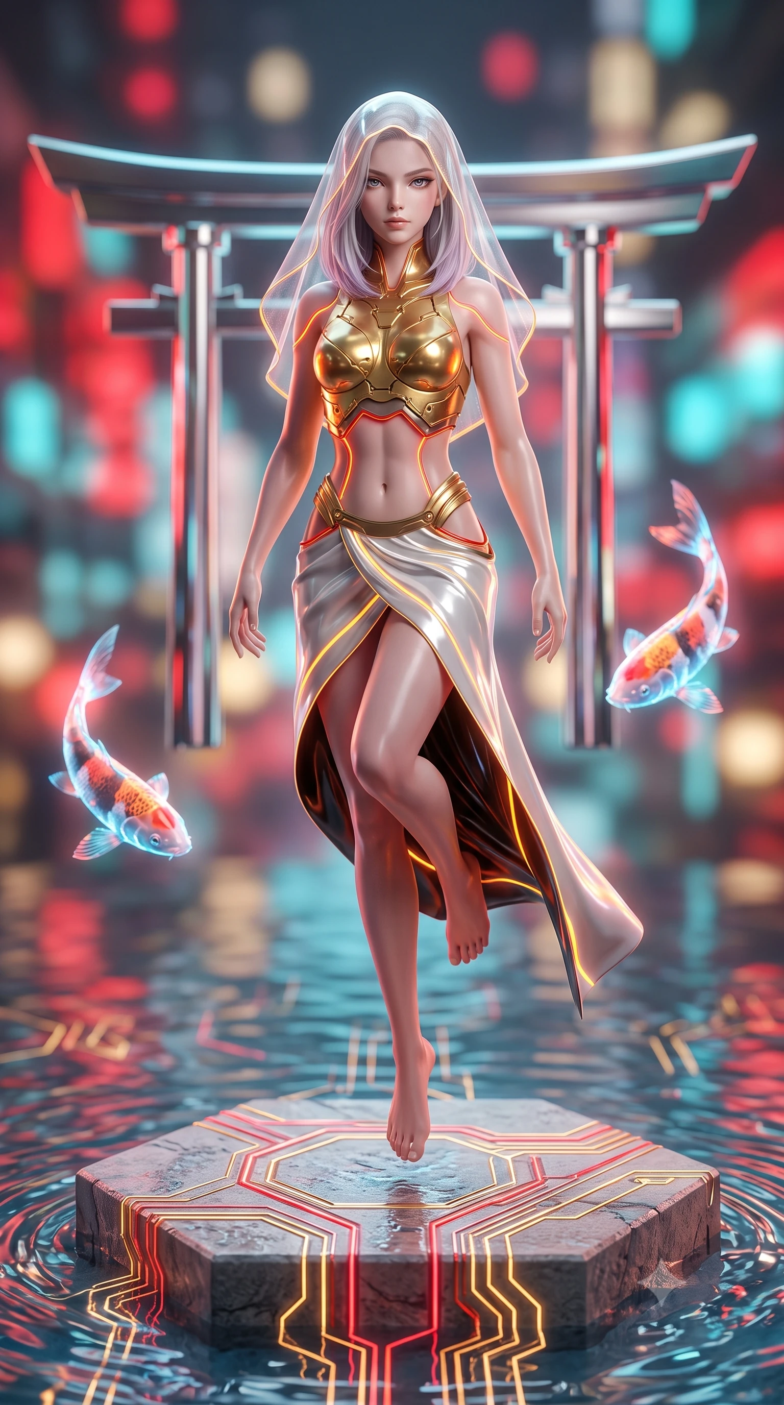 score_9, masterpiece, best quality, ultra-detailed, high-budget anime keyframe, semi-realistic 3D game render, editorial fashion photography, tasteful artistic composition, Caucasian woman. low angle full-body shot from head to toe showing her feet, filling the entire 9:16 vertical frame with her statuesque presence, stretching her vertical silhouette. performing an alluring mid-air vault with flawless poise, looking directly into the camera with regal, divine intensity while pivoting dynamically on a floating hexagonal stone platform as glowing red and gold circuit lines ripple through the water. The composition keeps background elements in soft focus with creamy bokeh. floating chrome torii gates and swimming holographic koi blurred into vibrant scarlet, cyan, and gold bokeh. She has an absolutely perfect, statuesque 8.5-heads proportion, an exceptionally tall and slender model-like female figure with impossibly long slender legs, a toned flat midriff, and an ultra-slim waist. sharp v-shaped jawline, high-bridge nose, intricate jewel-like eyes with depth, thick eyelashes, glossy lips with a natural sheen, flawlessly proportioned anatomical accuracy, strict slender model proportions, natural body alignment, perfectly sculpted long slender limbs, ultra-slim waistline, clean dynamic posture without body distortion. wearing an ethereal translucent cyber-veil paired with a sculpted golden mechanical cuirass and high-fashion draped silk skirt in high-contrast monochrome white enamel and glowing amber lines, formed from high-gloss patent material with specular chiaroscuro reflections, accented with glowing fiber-optic seams tracing her collarbones and hip curves, the glove-like aerodynamic second-skin fit tightly clinging to her ultra-slender waist and athletic curves without adding bulk, accentuating her razor-sharp statuesque lines and slim hourglass silhouette. illuminated by crisp specular highlights tracing her sculpted flat midriff, waist, and long slender legs. rich saturated anime colors with glowing neon highlights, detailed shading with soft gradients, rich glossy textures, high-contrast stereoscopic depth, volumetric dynamic lighting, master piece, 9:16 ratio
