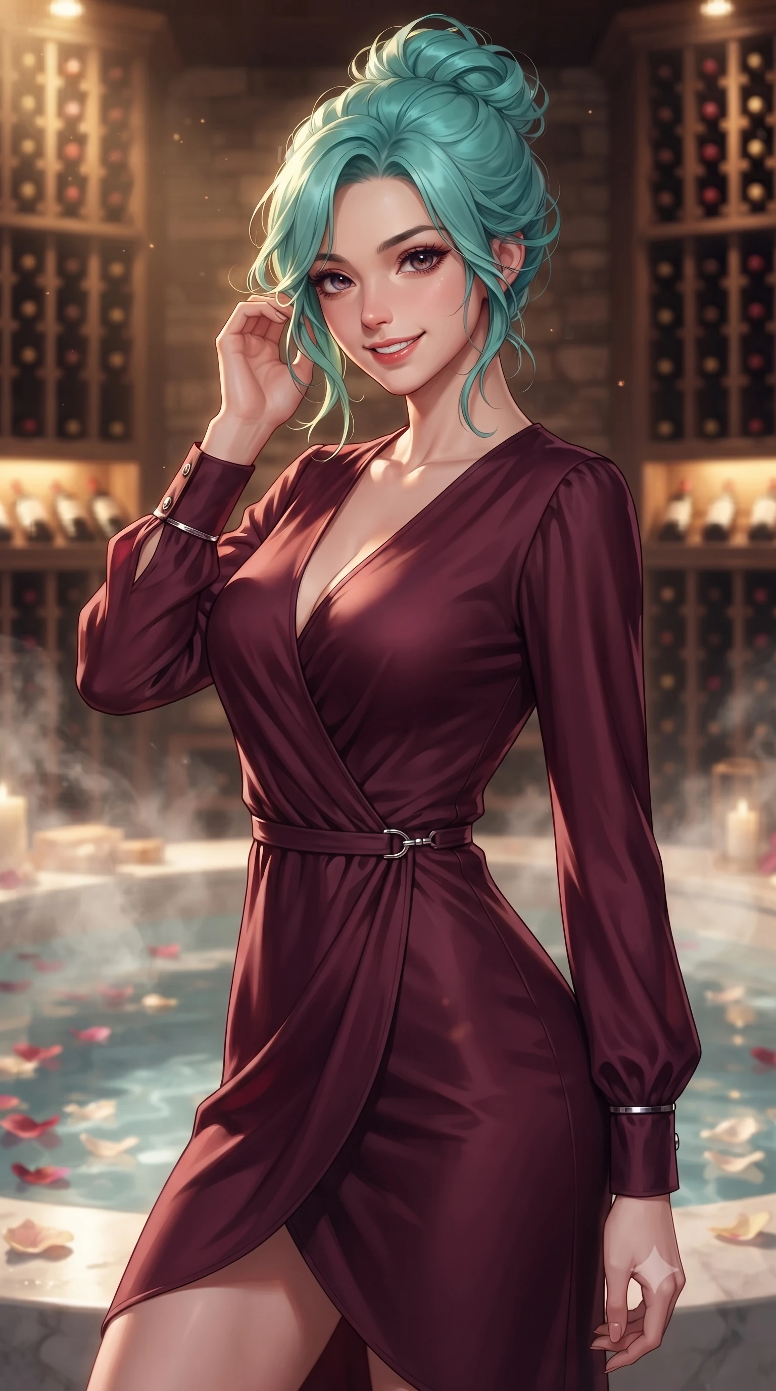 score_9, masterpiece, best quality, ultra-detailed, high-budget anime keyframe, editorial fashion photography, tasteful artistic composition, Japanese woman. close-up cowboy shot from the waist and thighs up, the character dominates the composition, filling the frame with her large presence, background elements kept in soft focus. flashing a warm, intoxicating grin while gently tucking a strand of hair behind her ear set against a soft-focus background of inside an exclusive wine cellar alcove with rising mineral steam and floating flower petals on the clear water surface. She has an exceptionally elegant, slender, and willowy female figure with an ultra-slim waist, a gracefully sculpted slender torso, and a refined silhouette. sharp v-shaped jawline, high-bridge nose, intricate jewel-like eyes with depth, thick eyelashes, glossy lips with a natural sheen. wearing slim-fit deep burgundy semi-opaque chiffon sleek long-sleeve silk wrap dress contouring her ultra-slim waist elegantly accented with delicate silver hardware. bathed in warm golden hour sunbeams that cast long, romantic shadows across the floor. ultra-reflective glossy finish, specular highlights, metallic sheen, high-contrast stereoscopic depth, volumetric dynamic lighting, 2k, ultra detail, master piece, 9:16 ratio