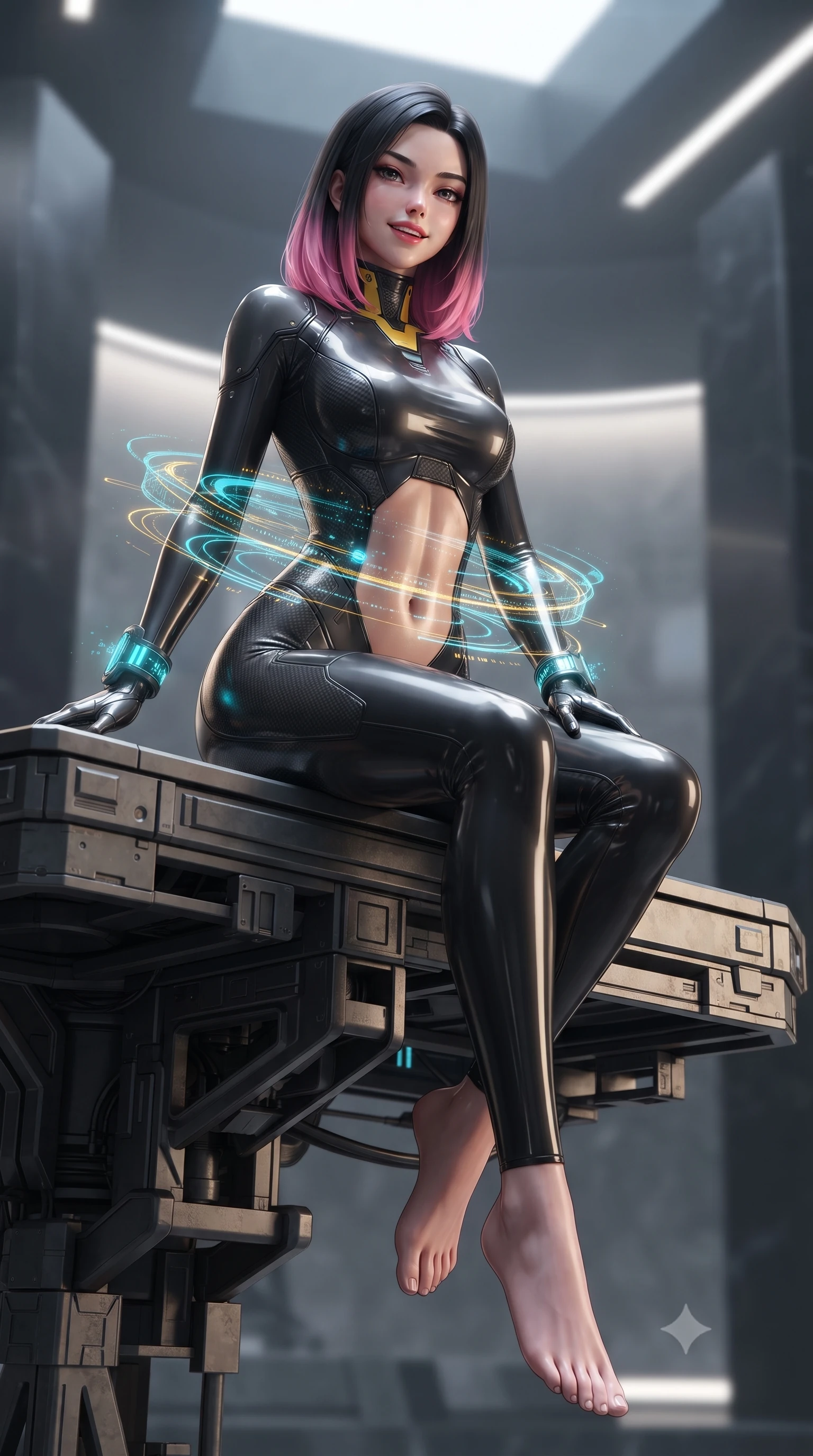 score_9, masterpiece, best quality, ultra-detailed, high-budget anime keyframe, editorial fashion photography, tasteful artistic composition, Korean woman. low angle full-body shot from head to toe showing her feet, filling the entire 9:16 vertical frame with her statuesque presence, stretching her vertical silhouette. sitting perched on the elevated maintenance gantry edge with legs crossed and hips angled toward the camera, displaying her toned midriff and long slender limbs with joyful, coquettish charm while twisting her slender torso in an alluring contrapposto stance, complex planetary data streams wrapping around her narrow waist and hips. The background shows a soft-focus soaring minimalist black stone monoliths and recessed lighting strips softened in prestigious sci-fi senate shallow focus. She has an absolutely perfect, statuesque 8.5-heads proportion, an exceptionally tall and slender model-like female figure with impossibly long slender legs, an ultra-slim waist, a flat toned midriff, narrow delicate ribcage, and beautifully sculpted feminine hips creating a graceful, slim hourglass silhouette without any bulky heaviness. sharp v-shaped jawline, high-bridge nose, intricate jewel-like sparkling eyes with depth, thick eyelashes, glossy parted lips with a natural sheen, bright confident smile with an enchanting and coquettish sensual glint, exuding both youthful magnetic charm and sovereign high-tech allure, flawlessly proportioned anatomical accuracy, strict slender model proportions, natural body alignment, perfectly sculpted long slender limbs, ultra-slim waistline, clean dynamic posture without body distortion. wearing a form-contouring cybernetic combat suit in matte black latex and carbon fiber, tracing her willowy silhouette with a high neck in industrial hazard yellow and matte carbon black, made of supple second-skin compression stretch jersey clinging flawlessly to her form, featuring sleek glowing cyan HUD display wrist cuffs with floating data telemetry, the aerodynamic second-skin silhouette tightly following the natural contour of her hips and long slender legs with youthful 8.5-heads elegance. bathed in regal gold and cyan holographic light radiating from the floating globe matrix. ultra-reflective glossy finish, specular highlights, rich textural contrasts, high-contrast stereoscopic depth, volumetric dynamic lighting, 2k, ultra detail, master piece, 9:16 ratio