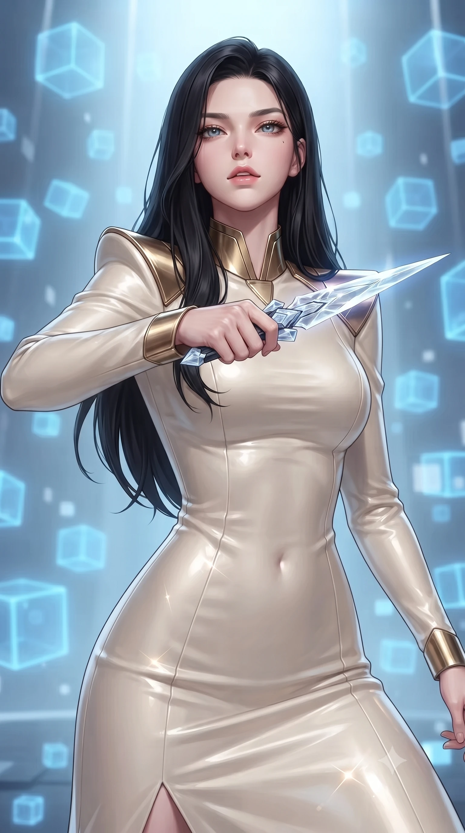 score_9, masterpiece, best quality, ultra-detailed, high-budget anime keyframe, editorial fashion photography, tasteful artistic composition, Korean woman. close-up cowboy shot from the waist and thighs up, the character dominates the composition, filling the frame with her large presence, background elements kept in soft focus. pointing a crystal-edged laser dagger forward in a defensive stance, tilting her chin up slightly with lips parted in a composed pose, the background shows a soft-focus a holographic simulation chamber with floating, glowing blue geometry cubes. She has an exceptionally elegant, slender, and willowy female figure with an ultra-slim waist, a gracefully sculpted slender torso, and a refined silhouette. sharp v-shaped jawline, high-bridge nose, intricate jewel-like eyes with depth, thick eyelashes, glossy lips with a natural sheen. wearing a body-hugging elegant stellar senator gown in heavy cream wool, featuring structured metallic gold collar guards and long sleeves. soft blue light radiating from the digital cubes onto her refined profile. ultra-reflective glossy finish, specular highlights, metallic sheen, high-contrast stereoscopic depth, volumetric dynamic lighting, 2k, ultra detail, master piece, 9:16 ratio