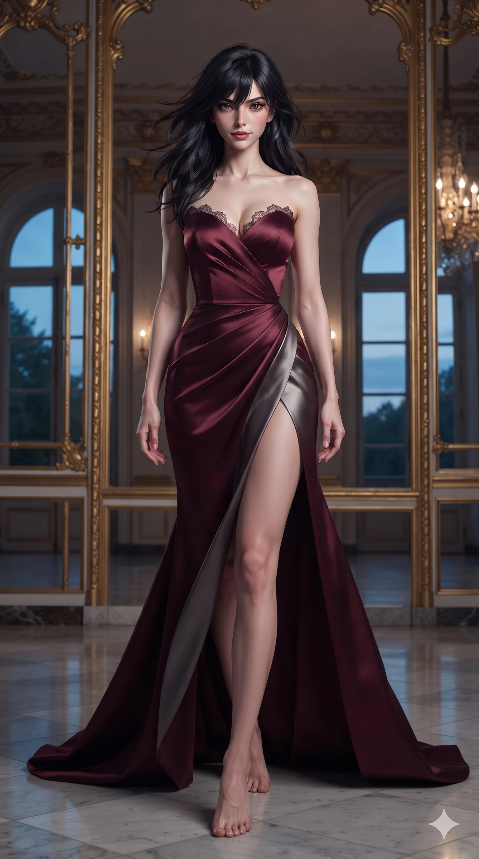 score_9, masterpiece, best quality, ultra-detailed, high-budget anime keyframe, editorial fashion photography, tasteful artistic composition, Caucasian woman. low angle full-body shot from head to toe showing her feet, filling the entire 9:16 vertical frame with her statuesque presence, stretching her vertical silhouette. stepping slowly toward the camera with hypnotic grace, hips swaying in an alluring sensual rhythm that accentuates her curvy hourglass silhouette and long slender legs while turning slowly with an enchanting smoldering smile, her glossy hair tossing in the breeze as her hips angle gracefully before floor-to-ceiling gilded mirrors. The surrounding environment is rendered in vivid detail and crisp panoramic clarity: detailed bespoke fashion tailoring, high-gloss satin sheen, and classical palace architecture in razor-sharp precision. She has an exceptionally tall and slender model-like 8.5-heads proportion, an ultra-slim waist, a flat toned midriff, narrow delicate ribcage, and beautifully sculpted feminine hips creating a graceful, slim hourglass silhouette without any bulky heaviness, with impossibly long slender legs. sharp v-shaped jawline, high-bridge nose, intricate jewel-like eyes with depth, thick eyelashes, glossy parted lips with a natural sheen, intensely captivating and seductive bedroom-eyes expression, flawlessly proportioned anatomical accuracy, strict slender model proportions, natural body alignment, perfectly sculpted long slender limbs, ultra-slim waistline, clean dynamic posture without body distortion. wearing an open-back duchess satin gala gown with dramatic hip-hugging drape and cascading trailing hem in deep wine burgundy and brushed dark platinum, tailored from heavy Italian silk mikado with an architectural structured drape, finished with scalloped eyelash lace trim framing her sweetheart neckline with intimate elegance, the high-slit wrap tailoring accentuating her ultra-slim waistline and the enchanting curve of her feminine hips with alluring seductive charm. illuminated by cool Mediterranean twilight streaming through arched windows mixed with warm interior chandelier bounce. ultra-reflective glossy finish, specular highlights, rich textural contrasts, high-contrast stereoscopic depth, volumetric dynamic lighting, 2k, ultra detail, master piece, 9:16 ratio